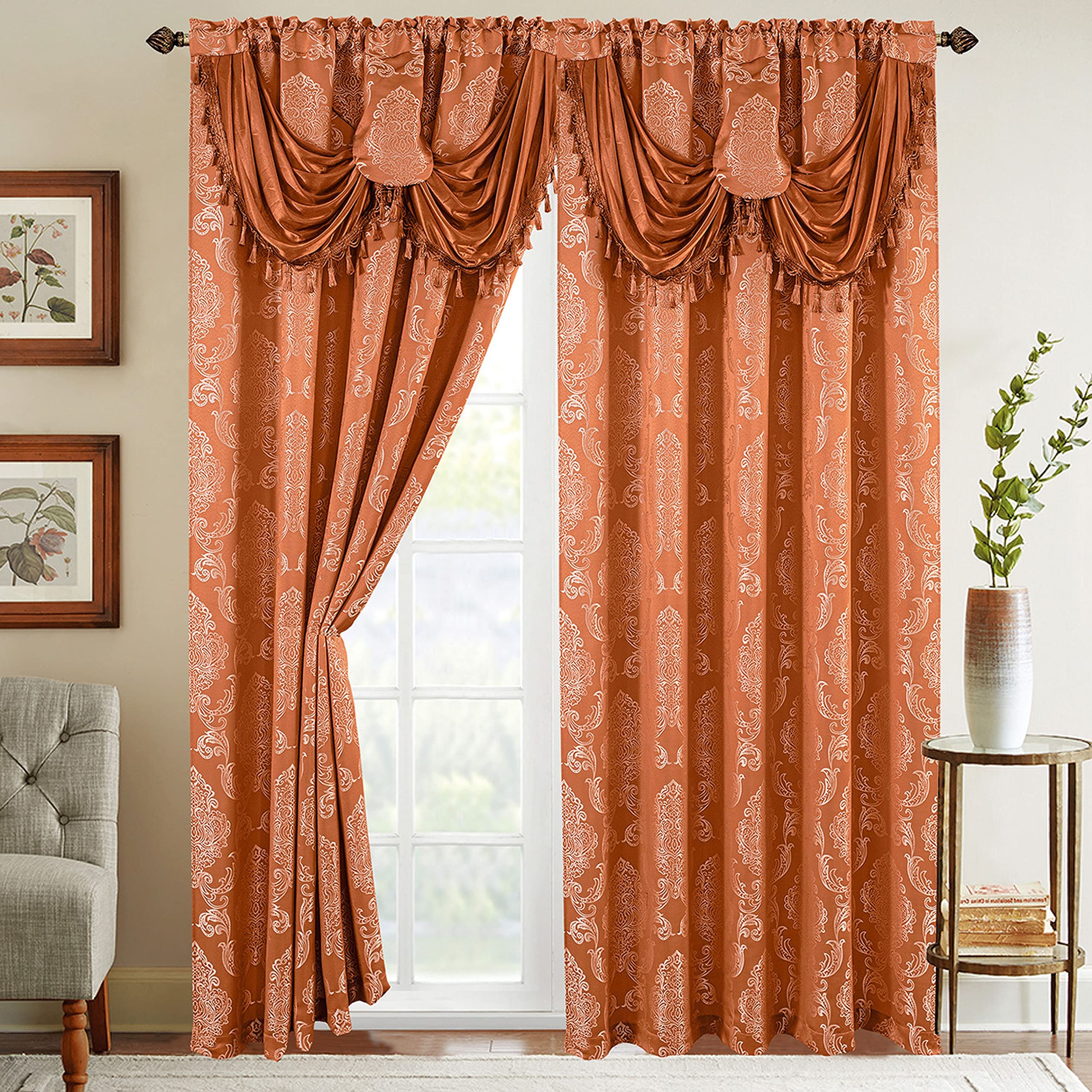Elegant Comfort Jacquard Look Curtain Panel Set with Attached Waterfall Valance, (Set of 2), 54 x 84 Inches, Blush/Coral