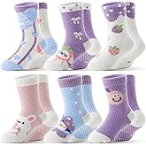 MOGGEI Kids Girls Toddlers Fuzzy Slipper Grips Socks Non Slip Warm Winter Fluffy Cozy Thick Fun Crew Gripper Socks 6 Pairs