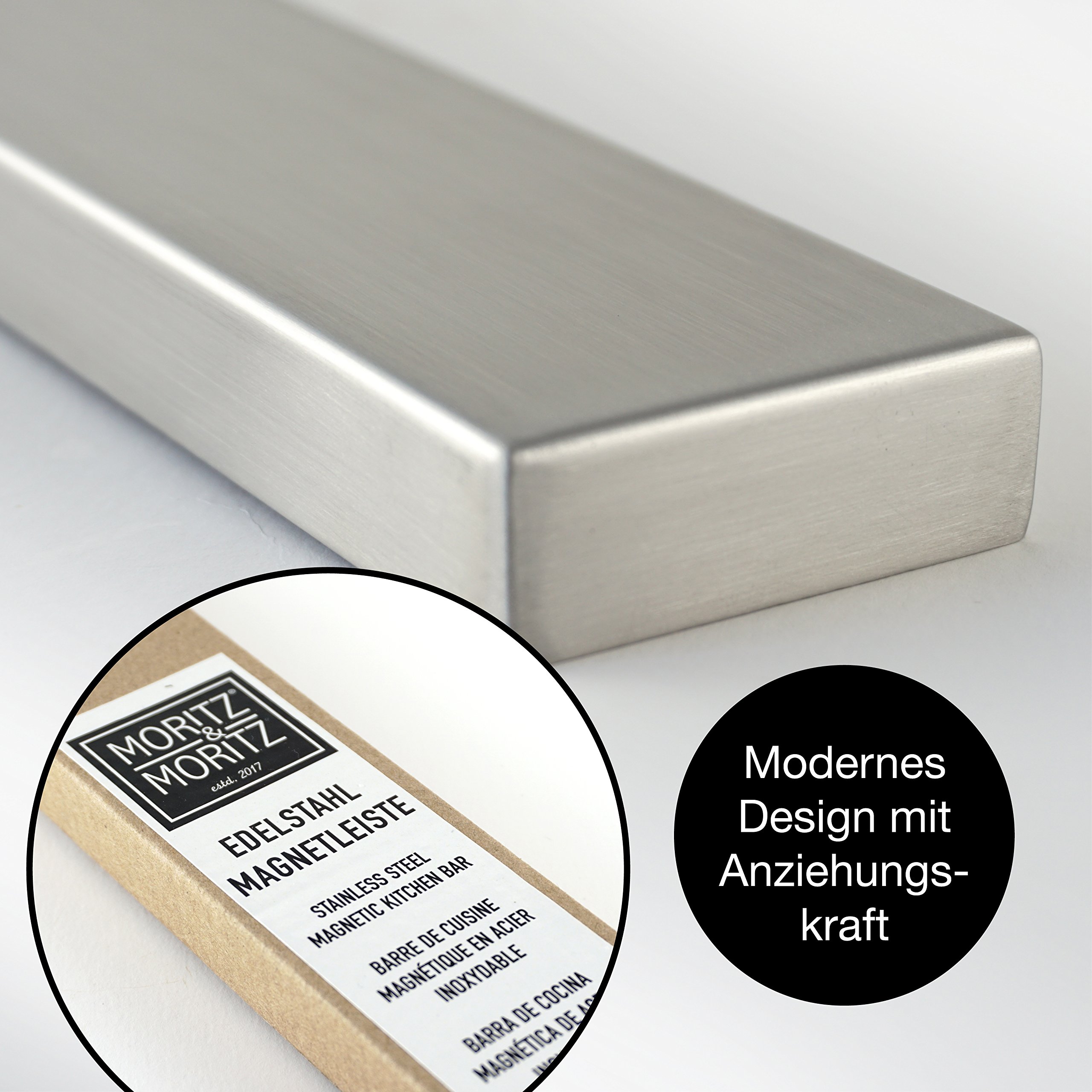 Moritz & Moritz® Barra magnetica para Cuchillos, Universal, Acero Inoxidable, 40 cm, Herramientas de Cocina para Guardar Cuchillos