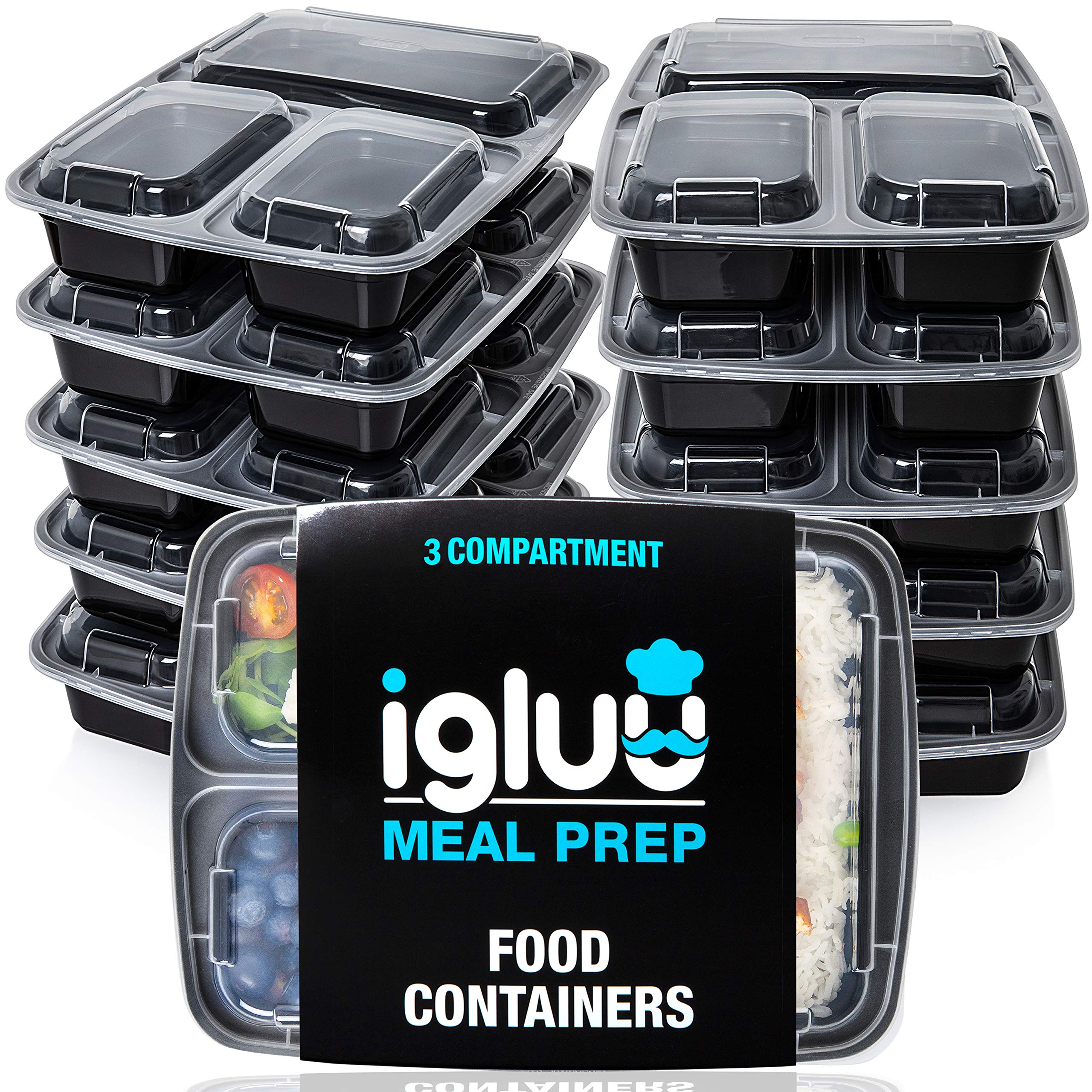 Igluu Meal Prep Containers Reusable (10 Pack) – Food Containers with Lids – Stackable, Microwave, Freezer & Dishwasher Safe – 946ml/32oz – 3 Compartment – BPA-Free