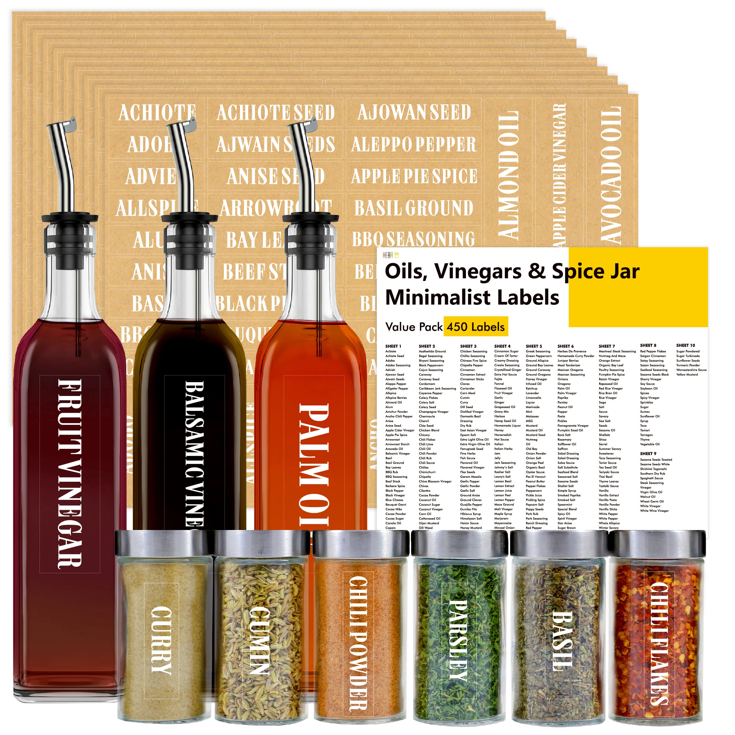 450 PCS Kitchen Spice Jar Stickers Labels, 371 Preprinted 79 Extra Write-On Labels for DIY, Waterproof, Tear Resistant, No Residue Herb Seasoning Labels for Pantry Room Cabinet