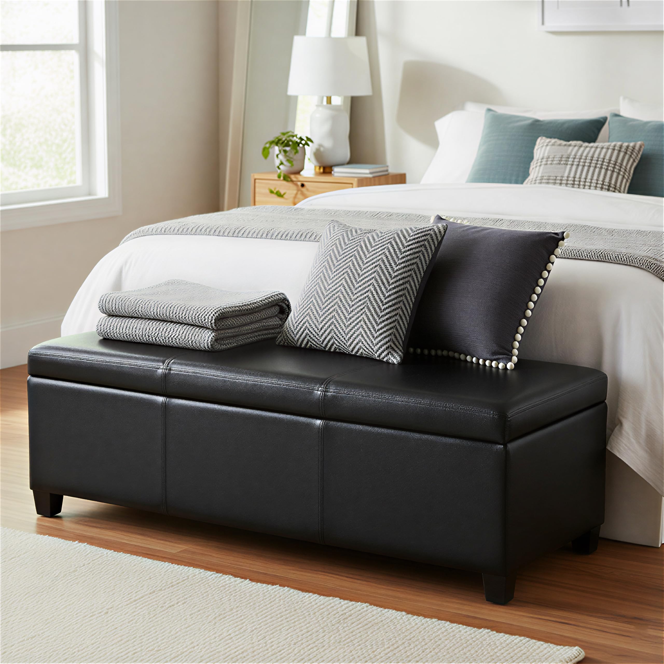SIMPLIHOME Avalon Storage Ottoman Bench - 48 inch Wide Upholstered Solid Wood Rectangular Ottoman in Carbon Black, Contemporary Storage Bench for Bedroom or Living Room with Lift-Top Lid Image