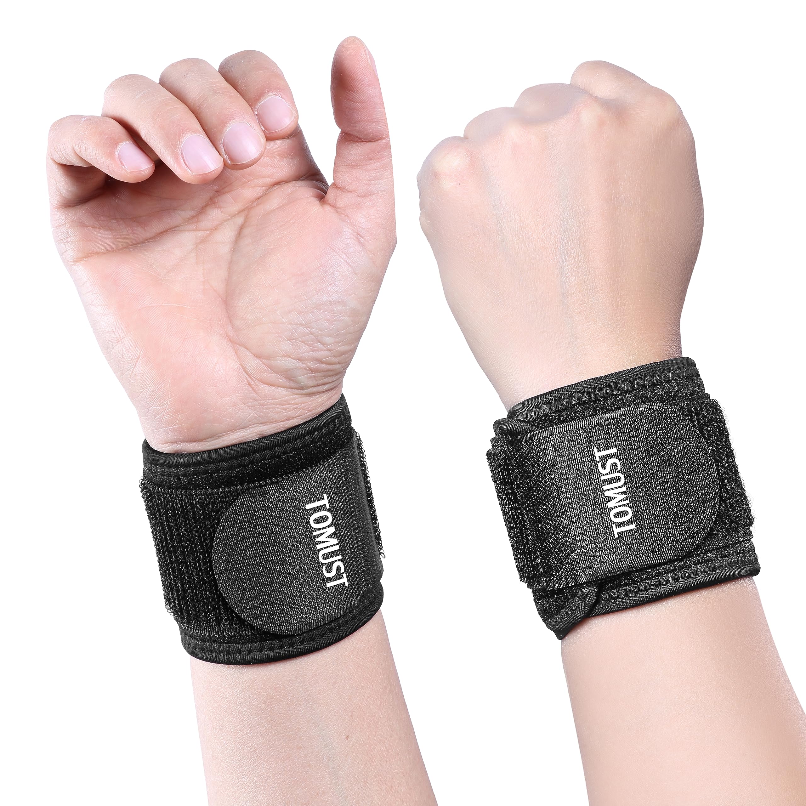 TOMUST 2 PCS Comfortable Wrist Brace, Adjustable Wrist Support, Compression Wrist Strap for Tendonitis, Arthritis, Carpal Tunnel, Sports Injuries, Working Out Fitness, Black