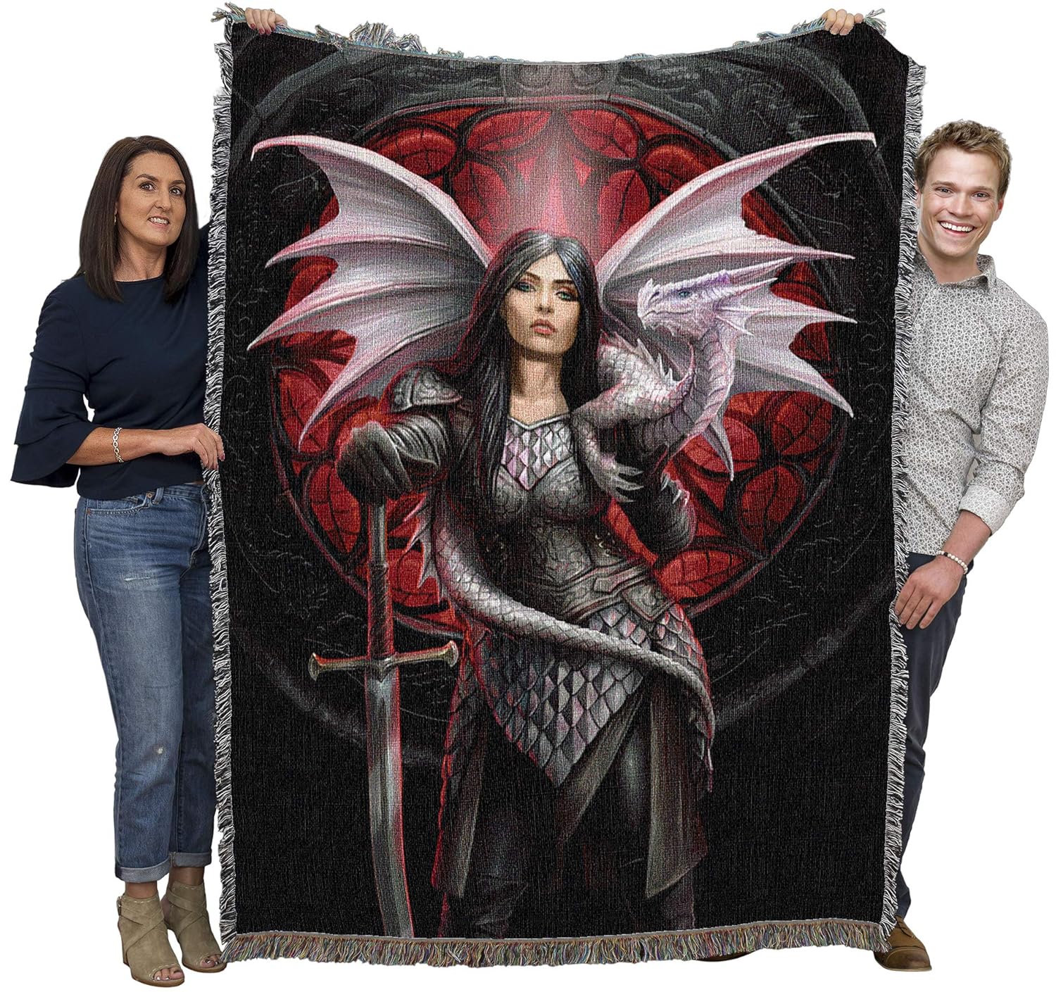 Pure Country Weavers Dragon Queen Warrior Fantasy Throw Blanket, Valour by Anne Stokes– Heroine Dragon Warrior Woven Large Soft Comforting w/Cotton Fringe (72x54) Made in USA