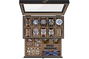 GALHUBIS Watch Box with 10 Slots, 2-Tier Watch Case for Large Dial Watches, Watch Display Case with Lid, Removable Watch Pillows, Gifts for Men Women, Watch Organizer with Drawer, Jewelry Box, Black