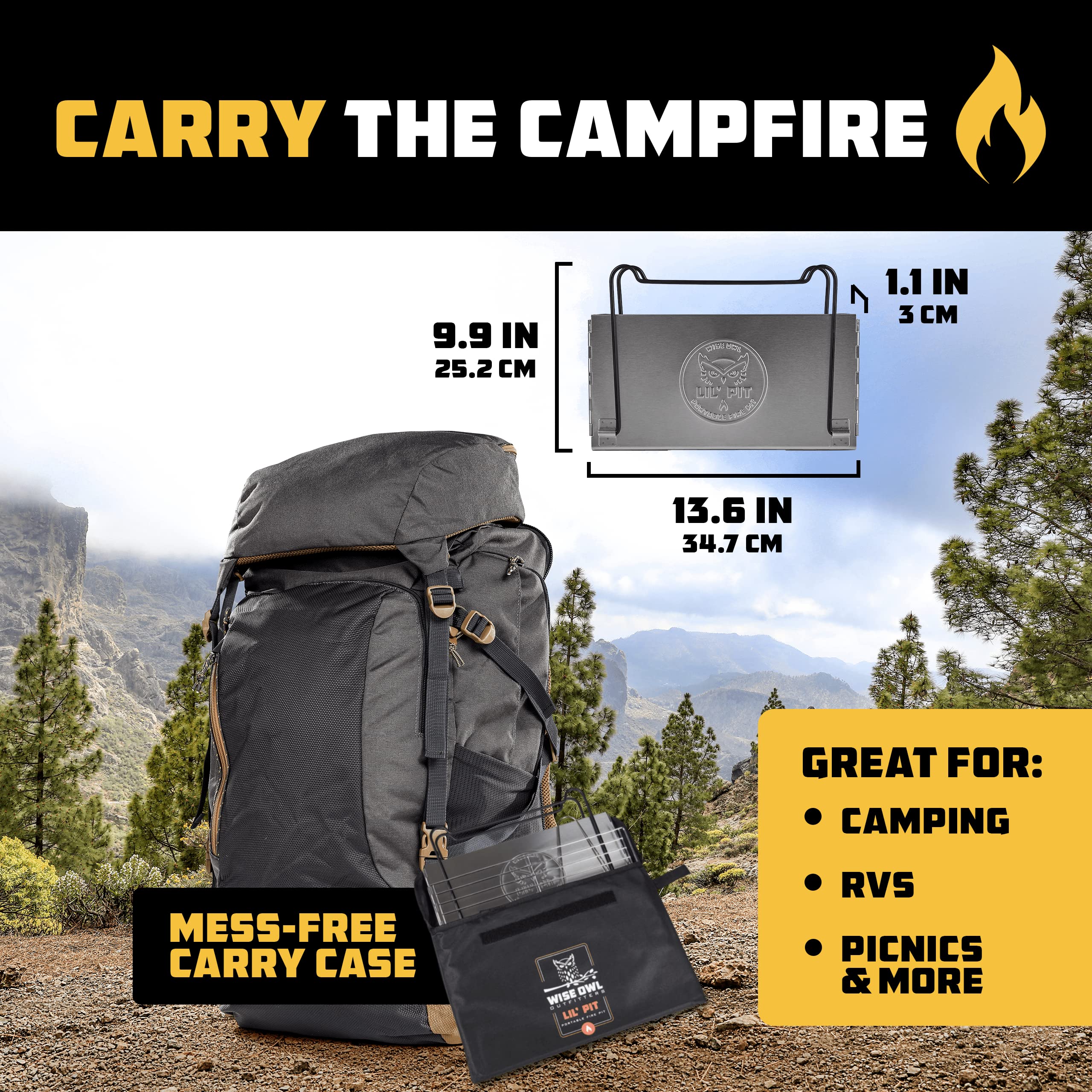 Portable Camping Grill - Collapsible Fire Pit for Camping, Stainless Steel 13.6 x 10.2 Inch - 2.2lb Pop Up Fire Pit with Case for BBQ, Tailgating, Backyard, Outdoor Use