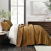 Grassix Velvet Quilt Set King Size, 3 Pieces Cross Stitch Bedspread Coverlet with 2 Shams for All Season, Lightweight Comforter Bedding Set, Gold Caramel, 108"x96"