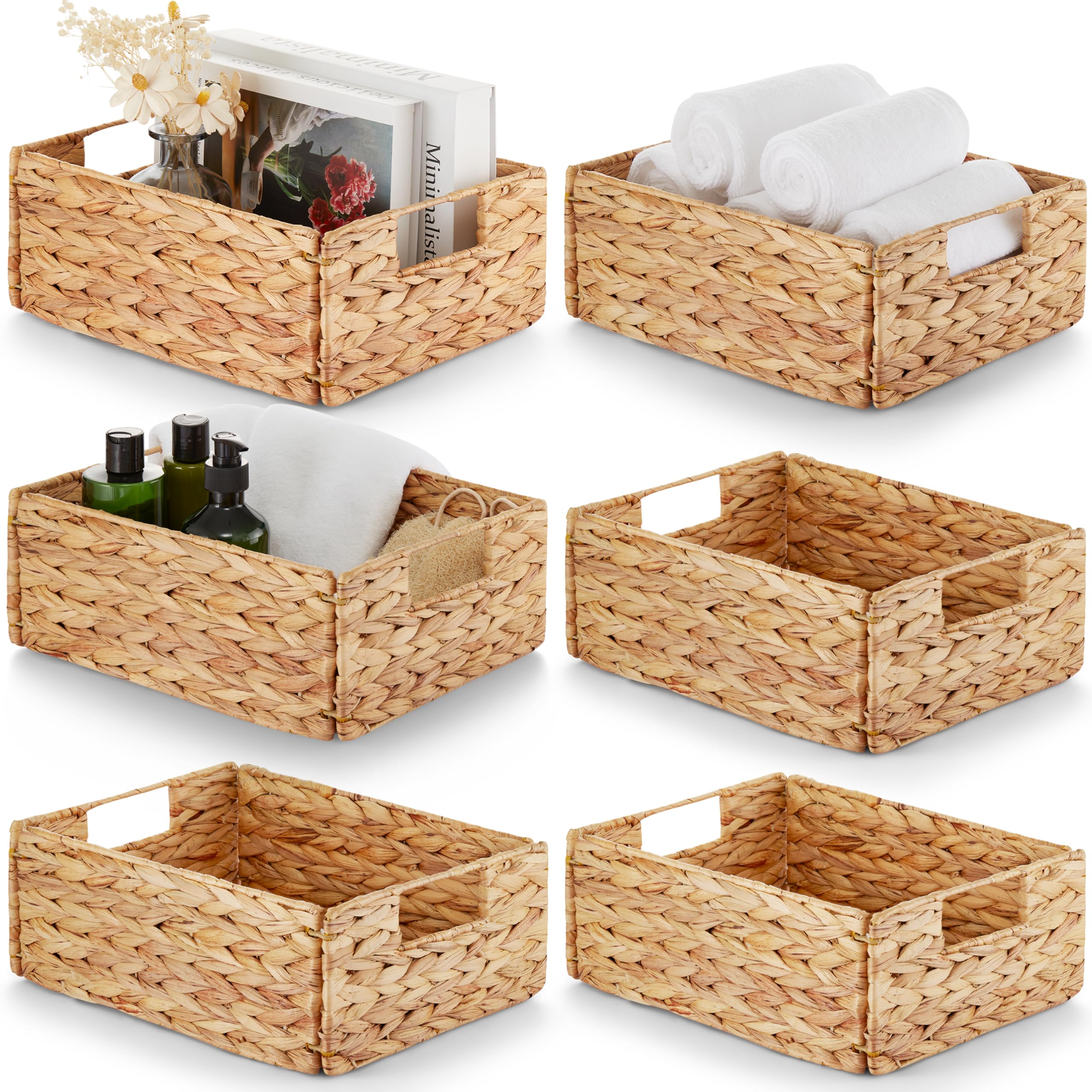 Photo 1 of BLUEWEST Water Hyacinth Storage Baskets (Set of 6) – Woven Hyacinth Organizer with Carrying Handles, Laundry Basket for Organizing, Rattan Bin for Shelves