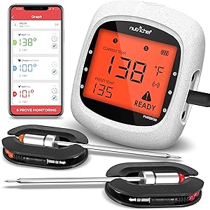 NutriChef Smart Bluetooth BBQ Grill Thermometer - Upgraded Stainless Dual Probes Safe to Leave in Outdoor Barbecue Meat Smoker - Wireless Remote Alert iOS Android Phone WiFi App, One Size, PWIRBBQ80