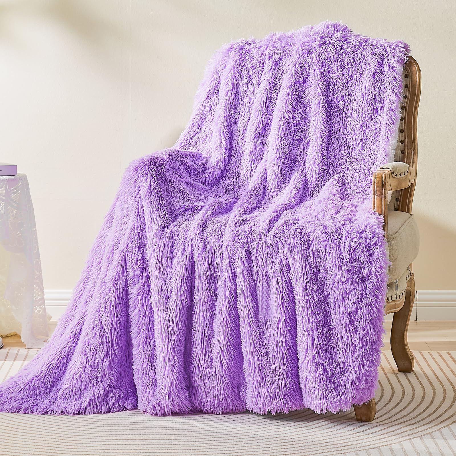 EMME Faux Fur Blanket, 220 x 240cm, Fluffy Bed Throw Fleece Blanket, Super Soft, Thick and Elegant, Warm Cozy Reversible Throws for Sofa, Bed, Purple