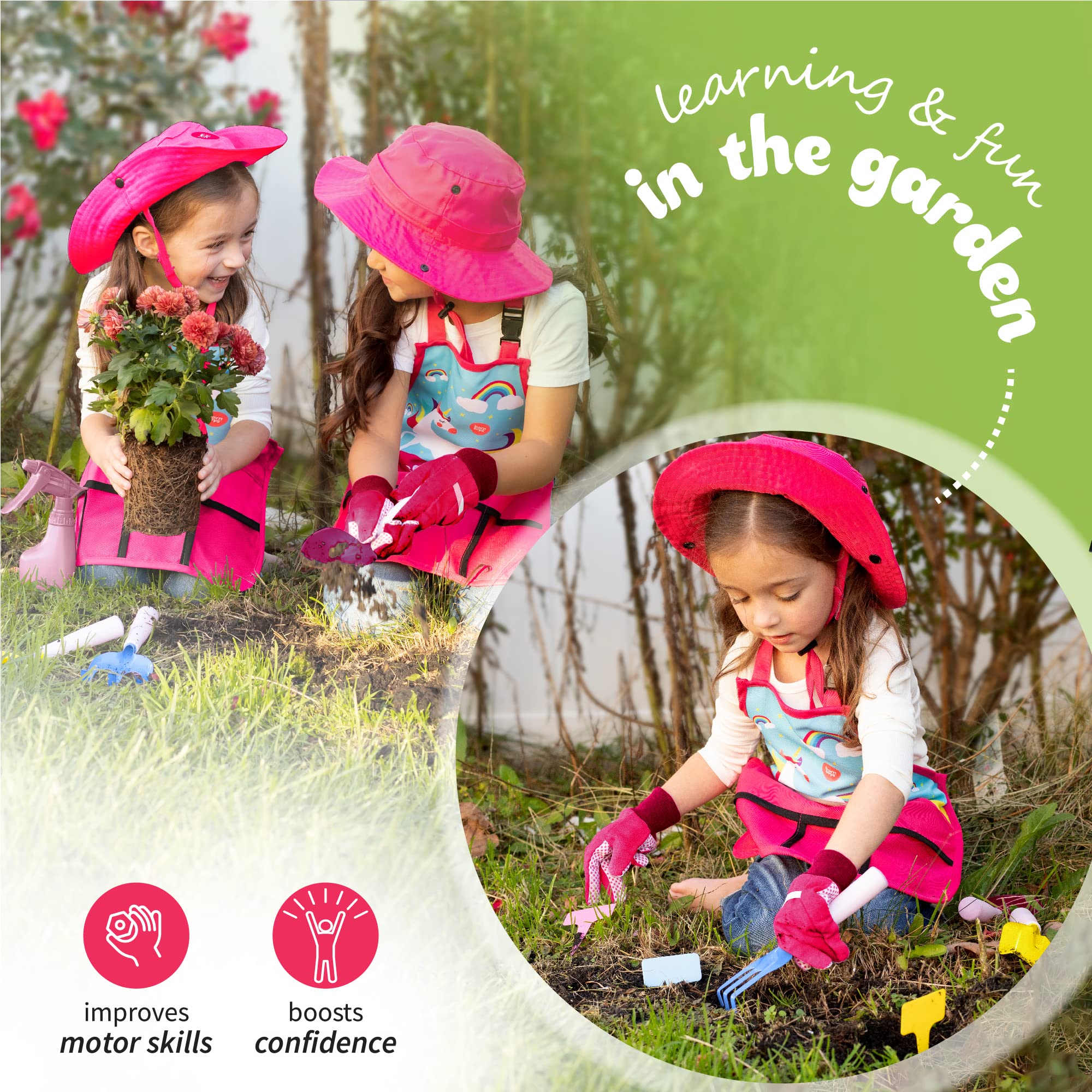 Born Toys Unicorn Kids Gardening Set for Ages 3 & Up, Includes Apron, Sun Hat, Gloves, Shovel - 11pcs Girls Gardening Kit (Pink)