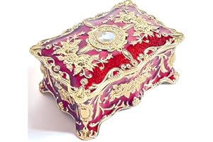 Truewon Jewelry Chest Rose Pastoral Style Metal Box Trinket Vintage Trinket Gemstone Storage Tray Treasure Souvenir Gift Case for Girls Women (Golden Red, Medium)