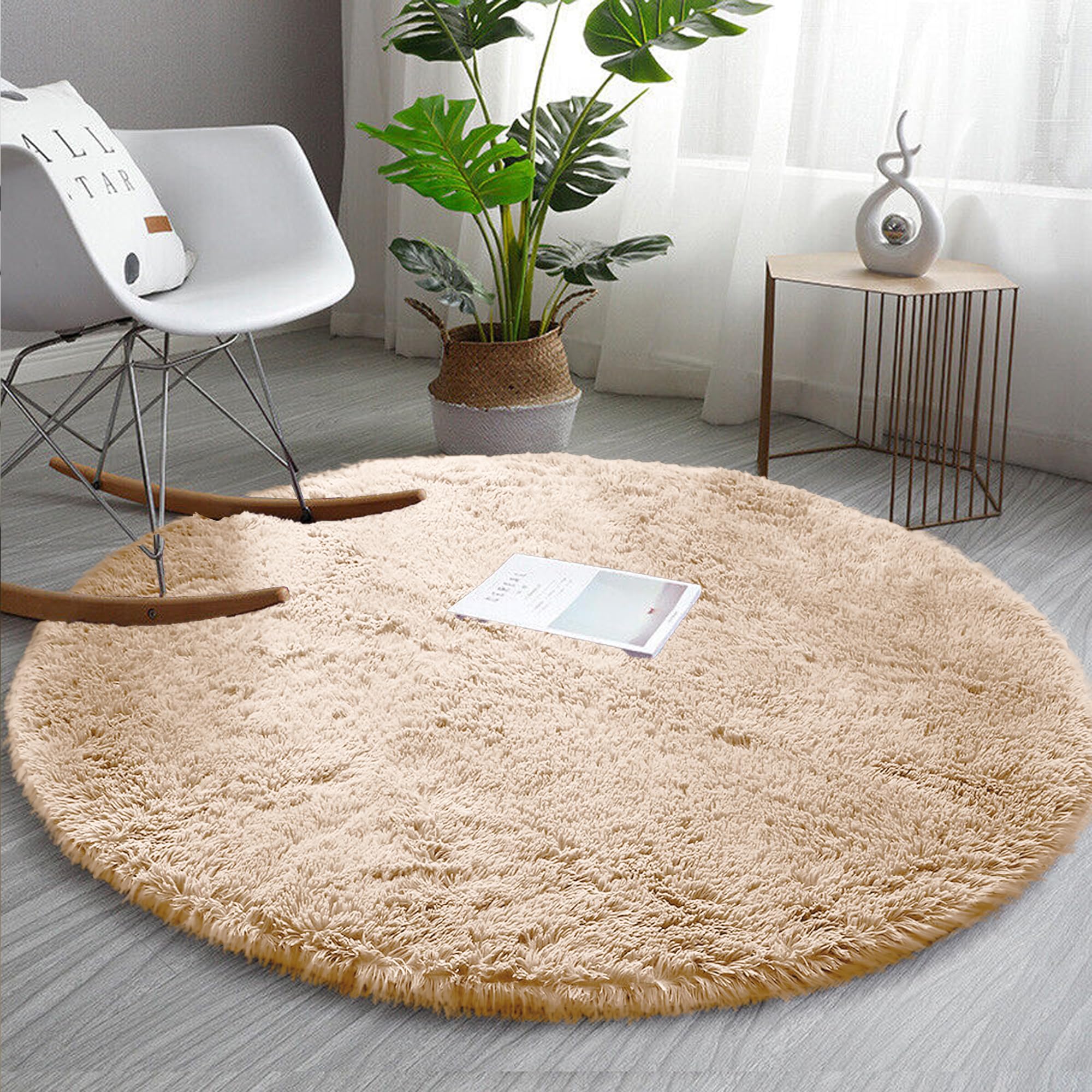 AMEHA Round Rug Beige 120x120 cm Fluffy Shaggy Soft Non Slip Circle Area Rugs for Bedroom Nursery, Kids Room