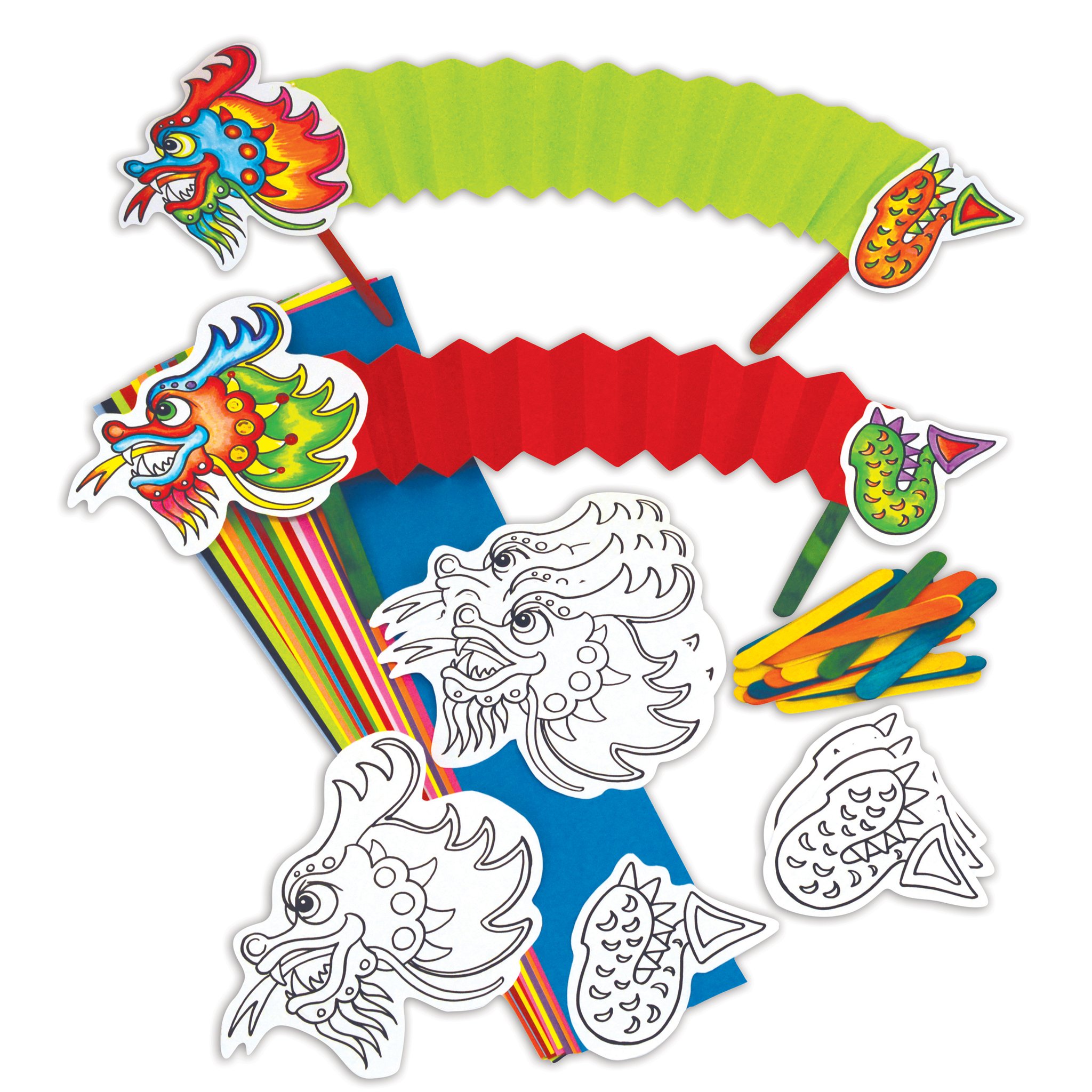 Springboard Chinese New Year Concertina Dragon Puppets - DIY Arts and Crafts for Kids w/ Chinese Dragon Stick Puppets - Kids Activity Packs - KS1 & KS2 Resources - 22 cm - 30-Pack- Assorted