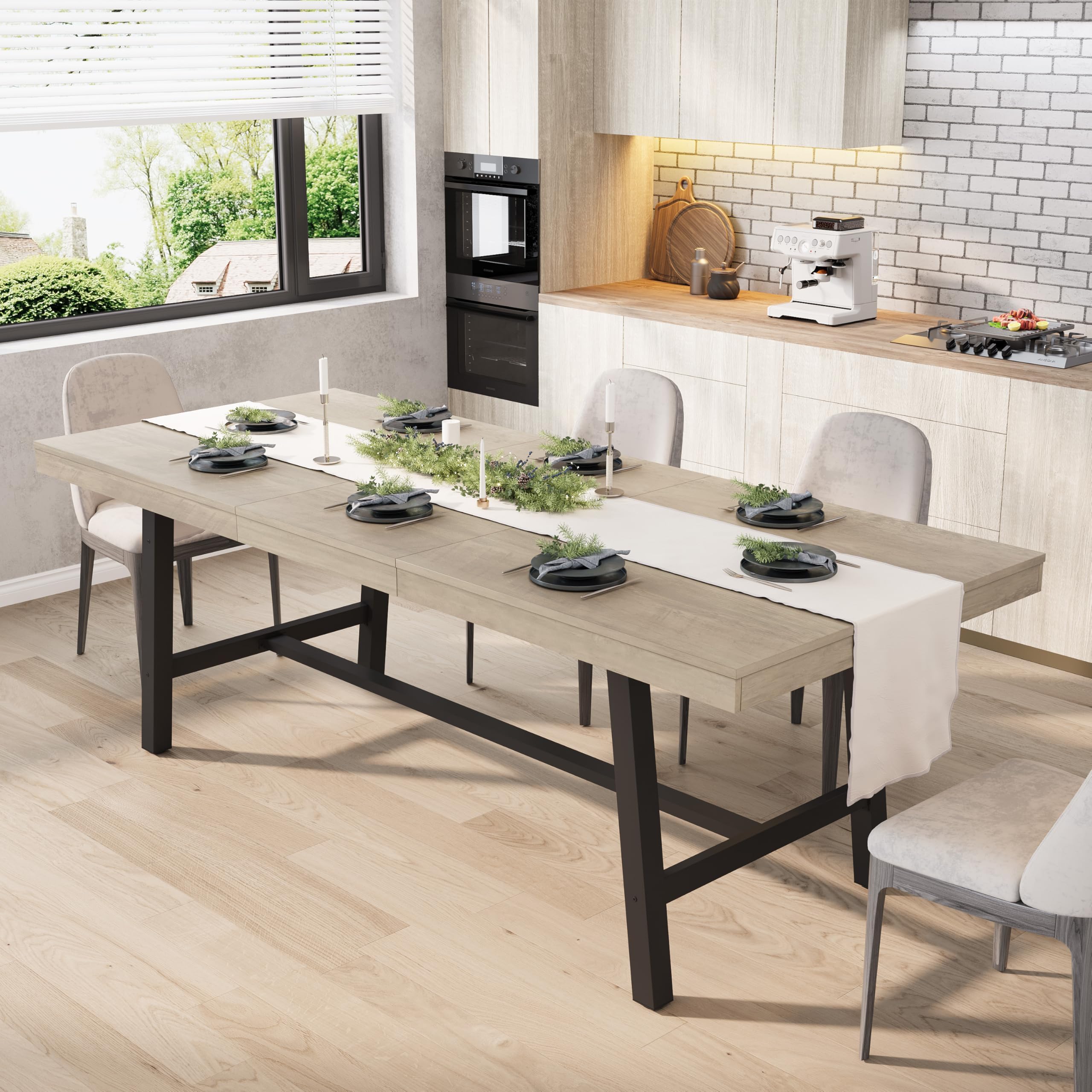 Photo 1 of GarveeHome 63-83" Extendable Dining Table, Industrial Rectangular Dining Room Table for 6-8 People, Expandable Kitchen Table with Heavy Duty Metal Frame for Dining Room, Kitchen & Parties, Grey