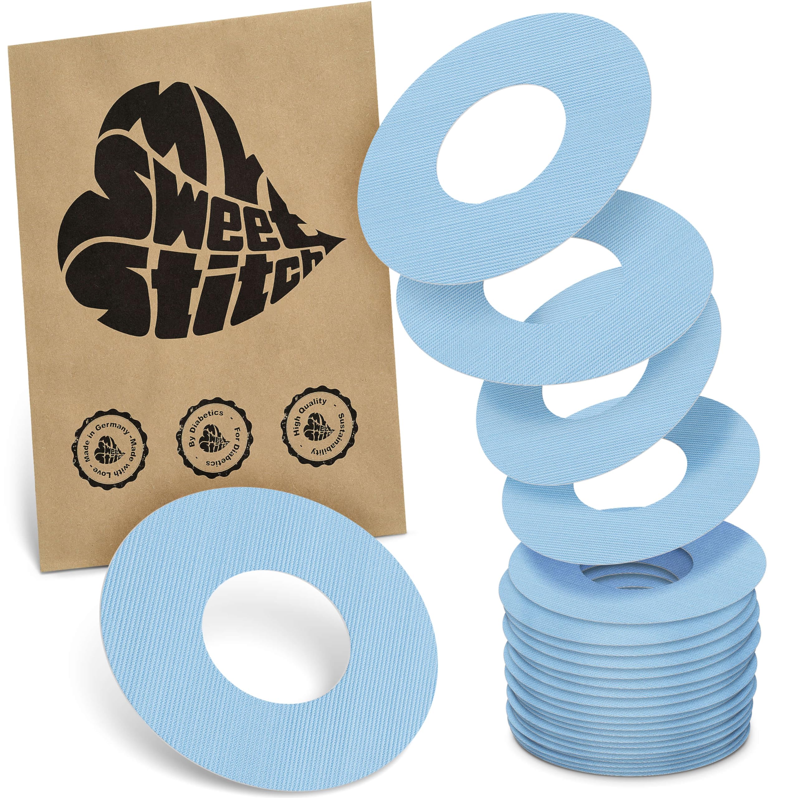 MySweetStitch - 25 x Freestyle Libre 1 & 2 Patches, Ring Patch Ø 65mm, Inner Ø 28mm, Waterproof, Breathable, Skin-Friendly, Made in Germany, Ice Blue