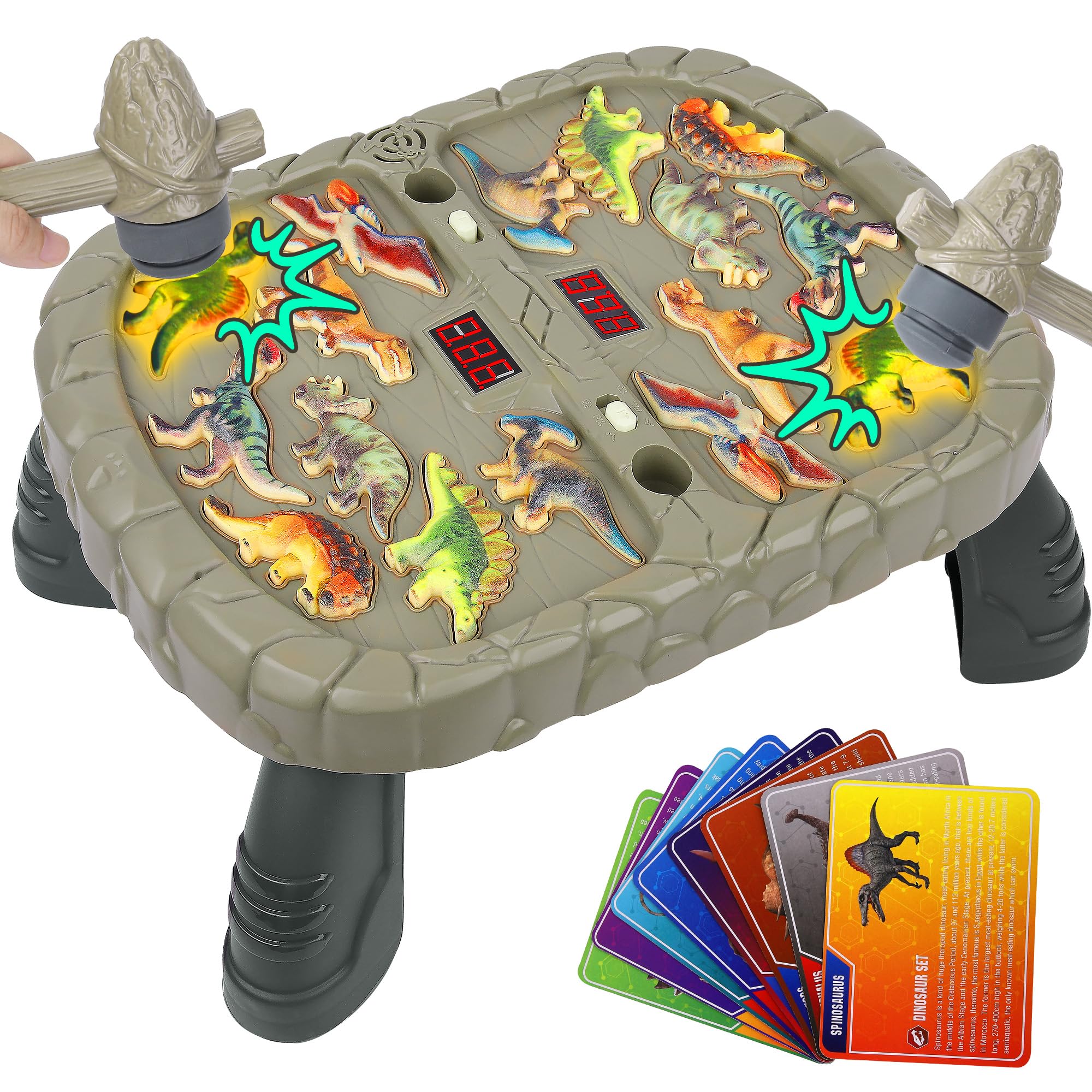 Photo 1 of Dual Player Dinosaur Whack A Mole Game Toys with 8 Cards for 2 3 4 5 6 Years Toddler Birthday Gift Age 2-4 Girl Boy Kids Early Developmental Learning Interactive Educational Toy with Sound Light