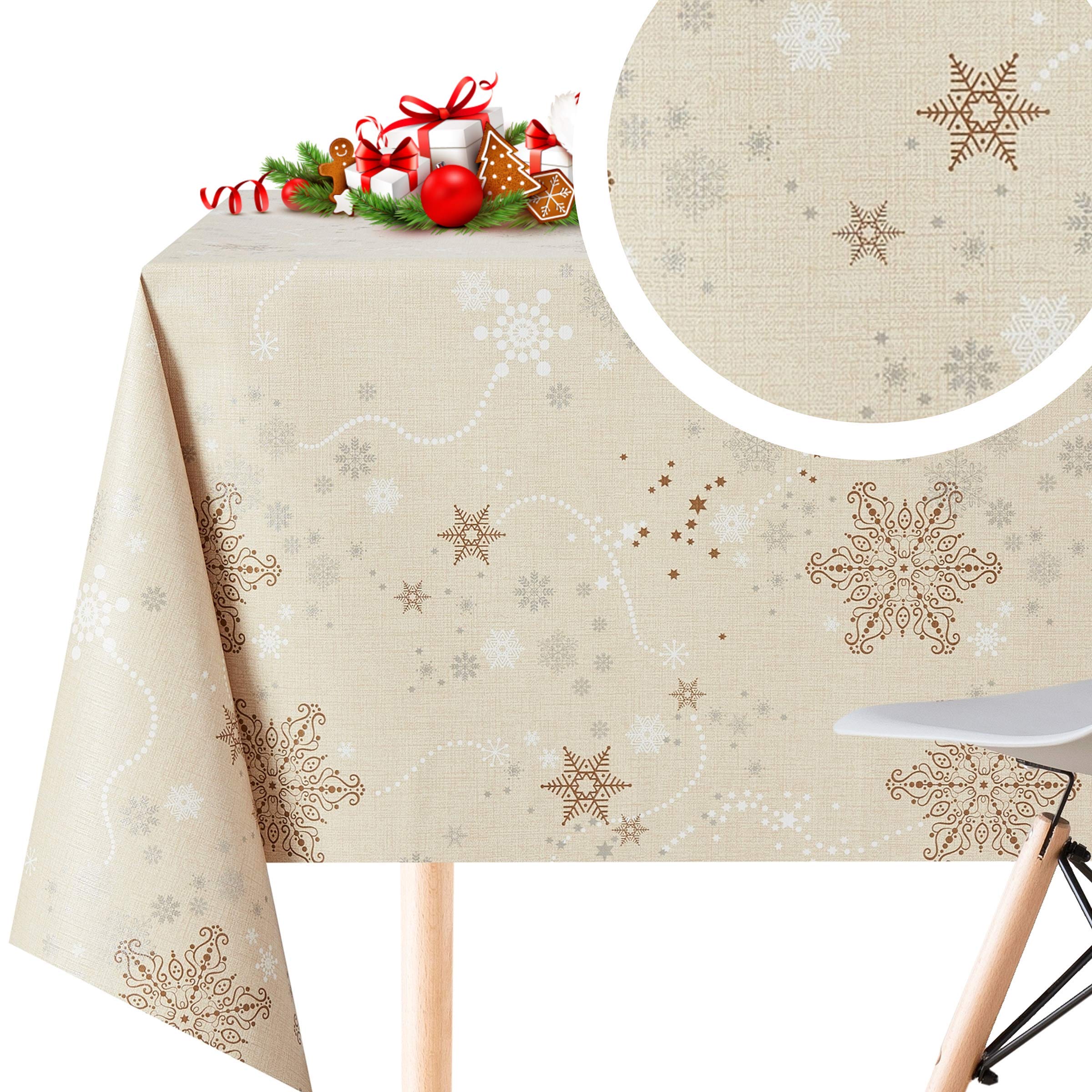 KP HOME Wipe Clean Tablecloth Rectangular 98.4x55.1 In (250x140cm) Beige Waterproof Christmas Plastic Table Cloth With Gold & White Snowflakes - Wipeable PVC Large 8 Seat Oilcloth Table Cover for Xmas