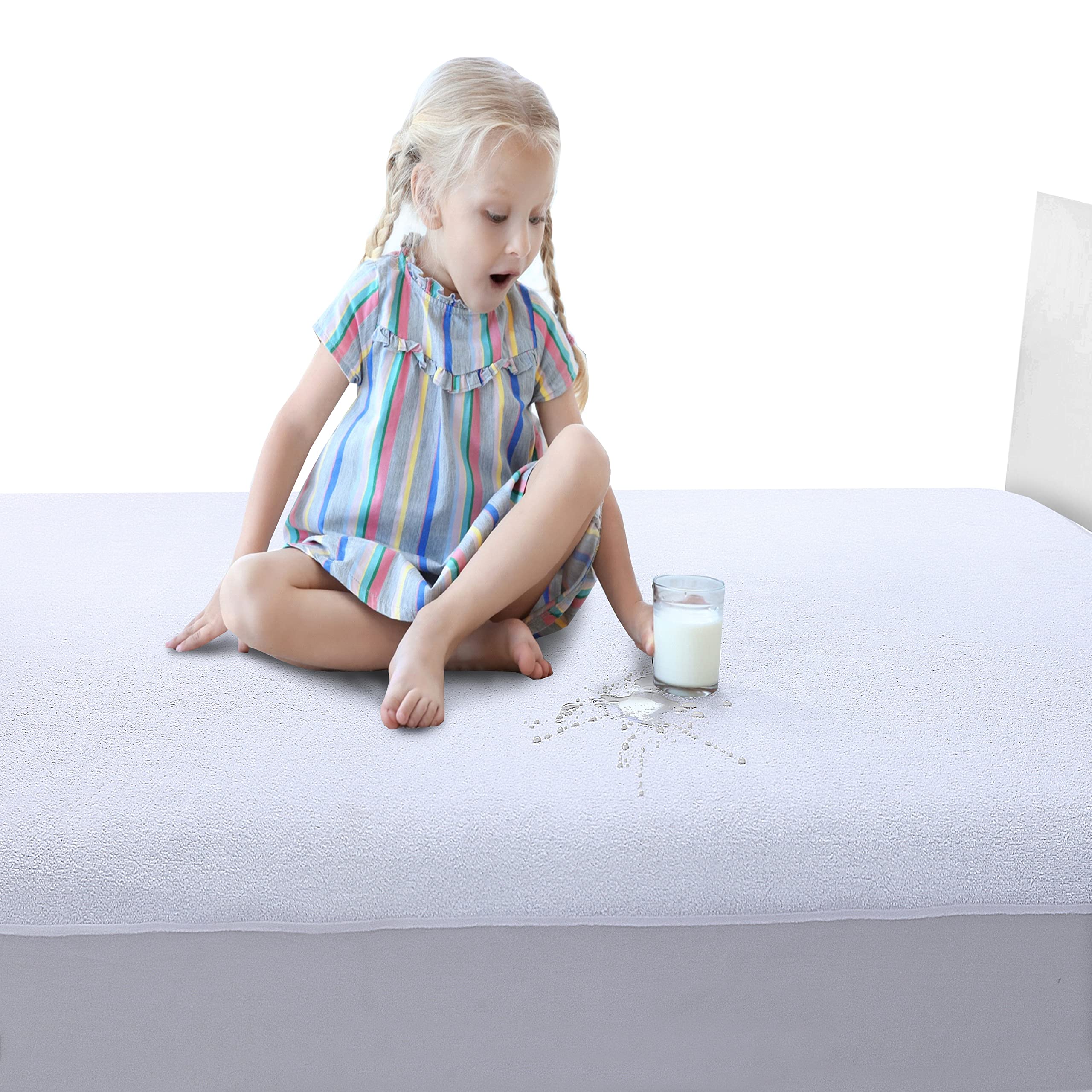 Caroline Shatuik Waterproof Mattress Protector Cot Bed,20cm Deep Stretch skirt Non Noisy Fitted Terry Towel Mattress Cover(140 x 70cm).