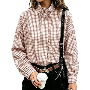 Vimida Women Oversized Cropped Gingham Jacket Zip Up Stand Collar with Batwing Sleeves Casual Coat Spring Fall