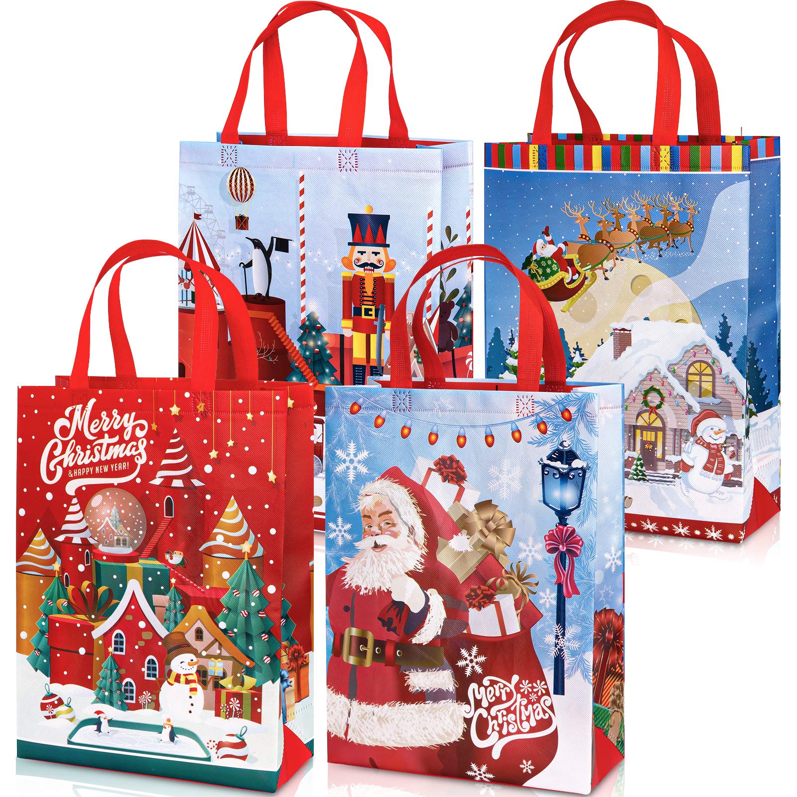 Whaline Christmas Non-Woven Tote Bags, 4 Pack - Large Size, Waterproof, Reusable Gift Bags with Handles - Santa, Xmas Tree Designs - Perfect for Holidays & Daily Use