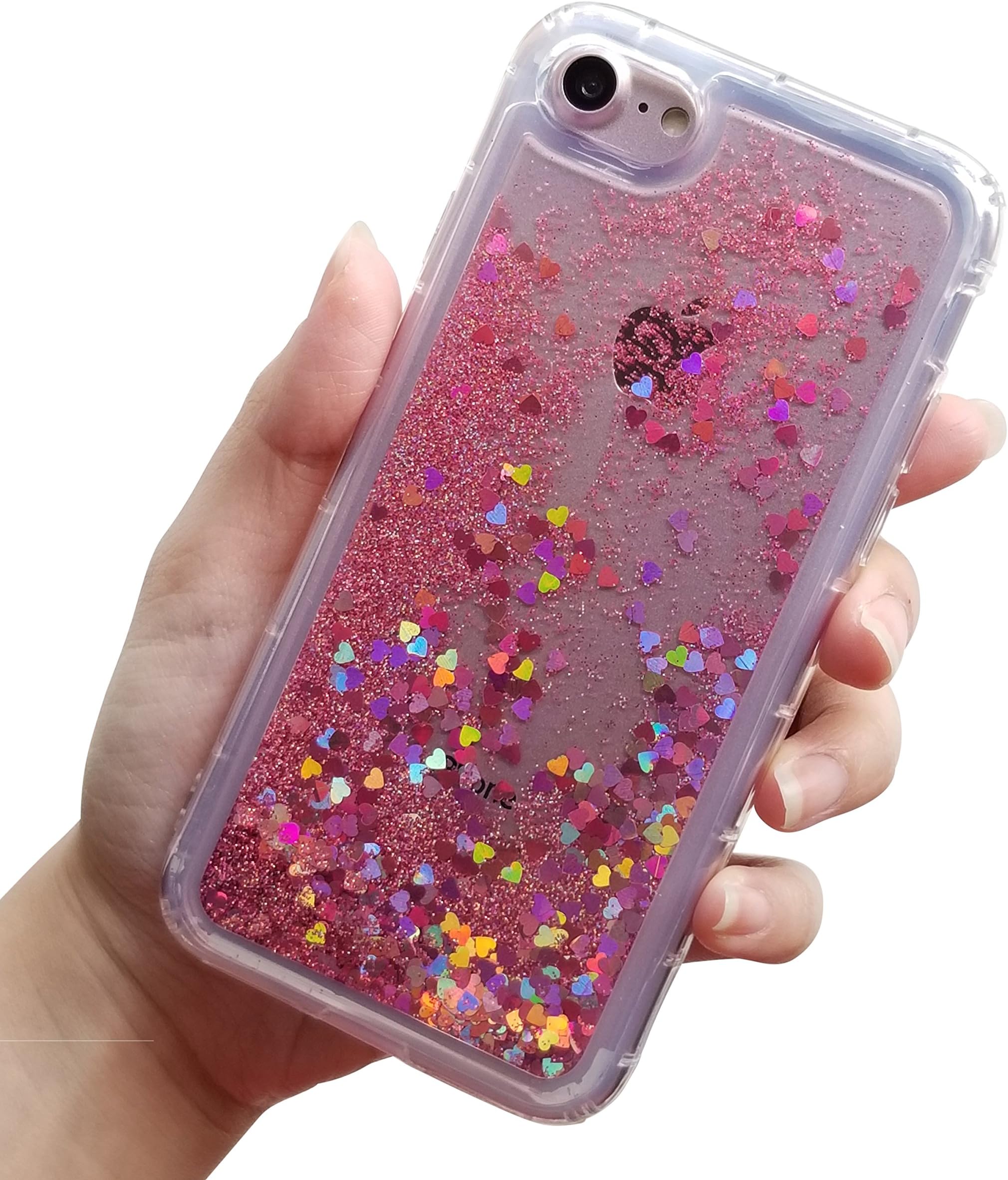 for iPhone 7 4.7" for iPhone 8 4.7" Floating Holographic Hearts Moving Liquid Waterfall Glitter Quicksand Bling Cute Back Cover Case (Rose Gold)