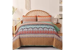 XRUIBED Bohemian Quilt Set King,Brown Green Boho Quilt Coverlet 3PCs Soft Microfiber Lightweight Bedspread with 2 Pillowcases for All Season (King Size 90"x104")
