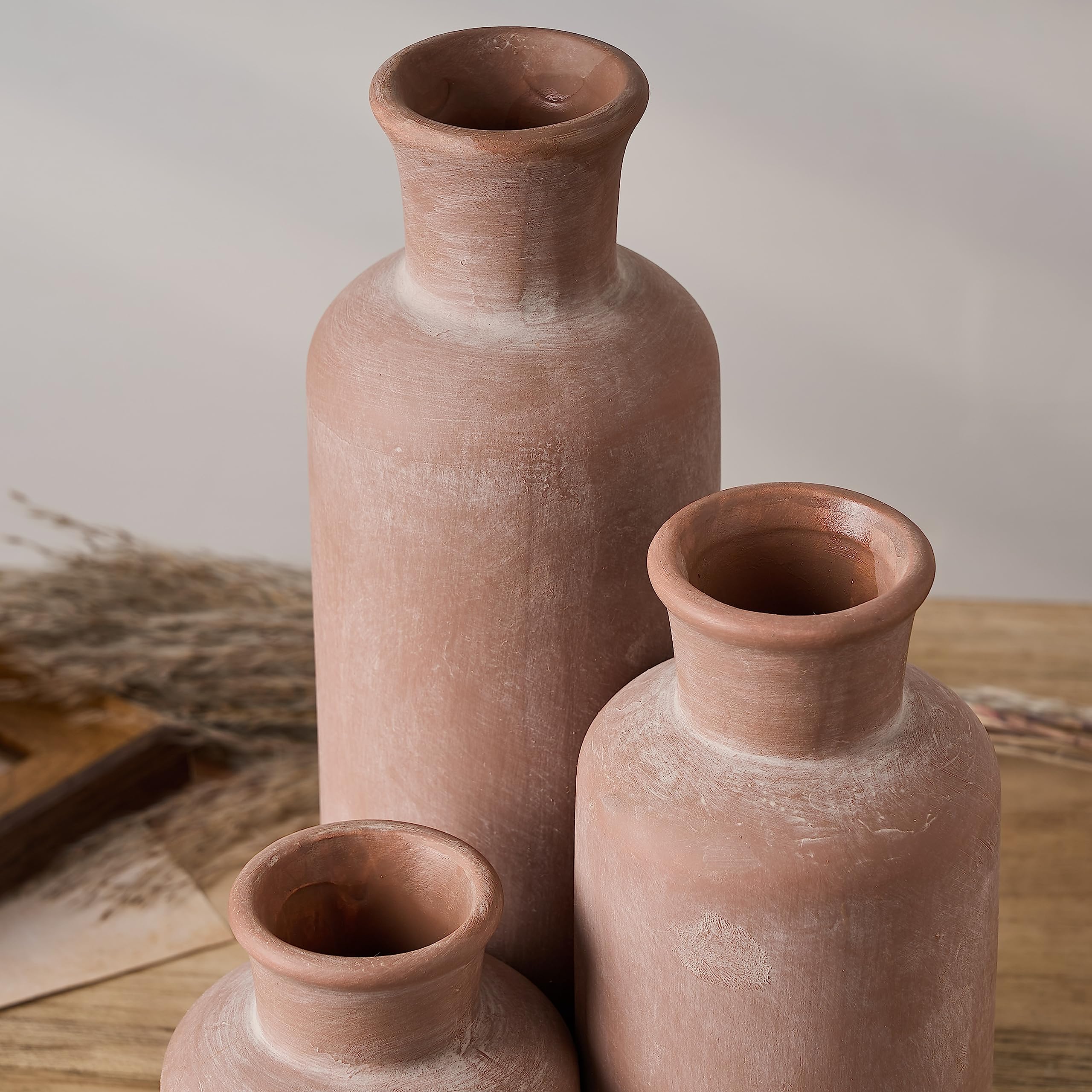 LUKA Ceramic Rustic Farmhouse Vase,Terracotta Vases for Decor,Vase Set of 3,Vase for Your Bedroom,Office,Living Room,Fireplace,Bookshelf Decor,Housewarming 10+7.5+5 Inch - Image 6