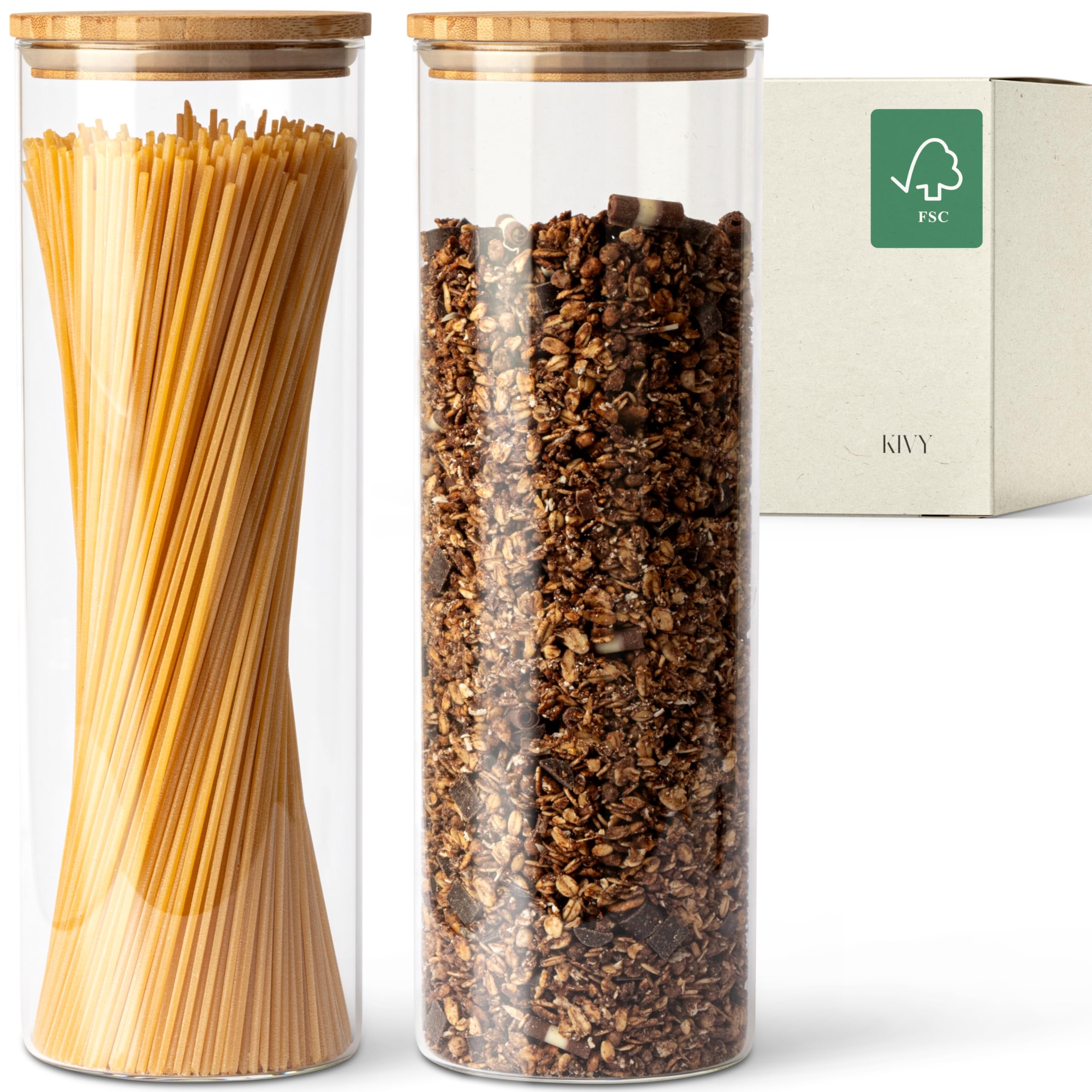 KIVY Airtight Storage Jars with Lids - 2 x 1.8L - For Spaghetti, Flour, Cereal Storage Glass - Pasta Jars with Lid - Large Spaghetti Storage Glass - Noodle Jars with Bamboo Lid — image 1