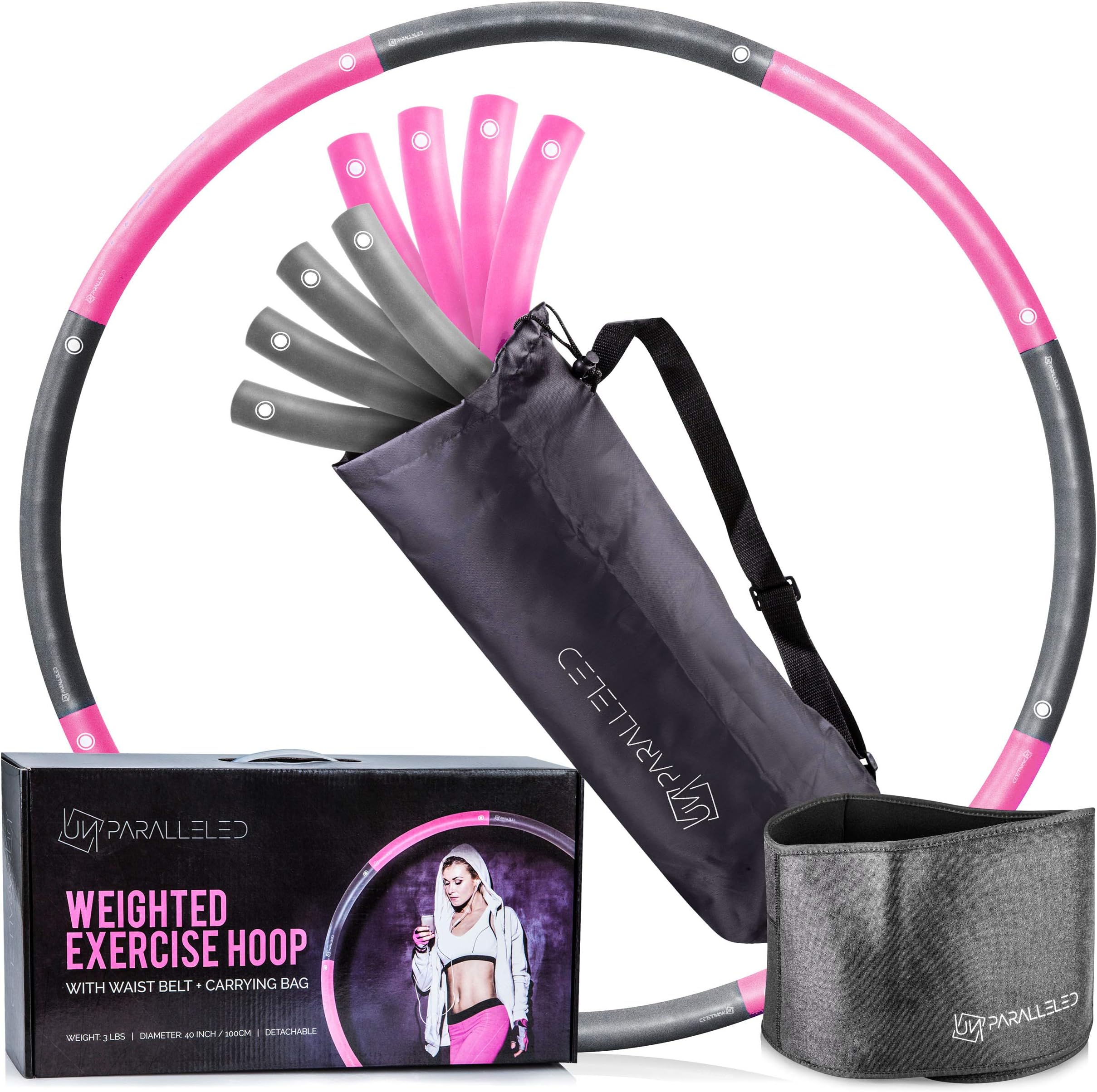 Adjustable Weighted Fitness Hoop Bundle with Waist Belt & Storage Bag for Exercise, Weight Loss & Burning Fat - Dance & Workout Hoola Hoops for Adults - Detachable Travel Hoop 3lbs