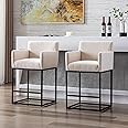 RIVOVA Counter Height 26.75" Bar Stools Set of 2 Linen Fabric Upholstered Barstools with Backrest and Arms, Metal Bar Chairs Kitchen Stools for Island,Home Bar, Cream, Black Legs