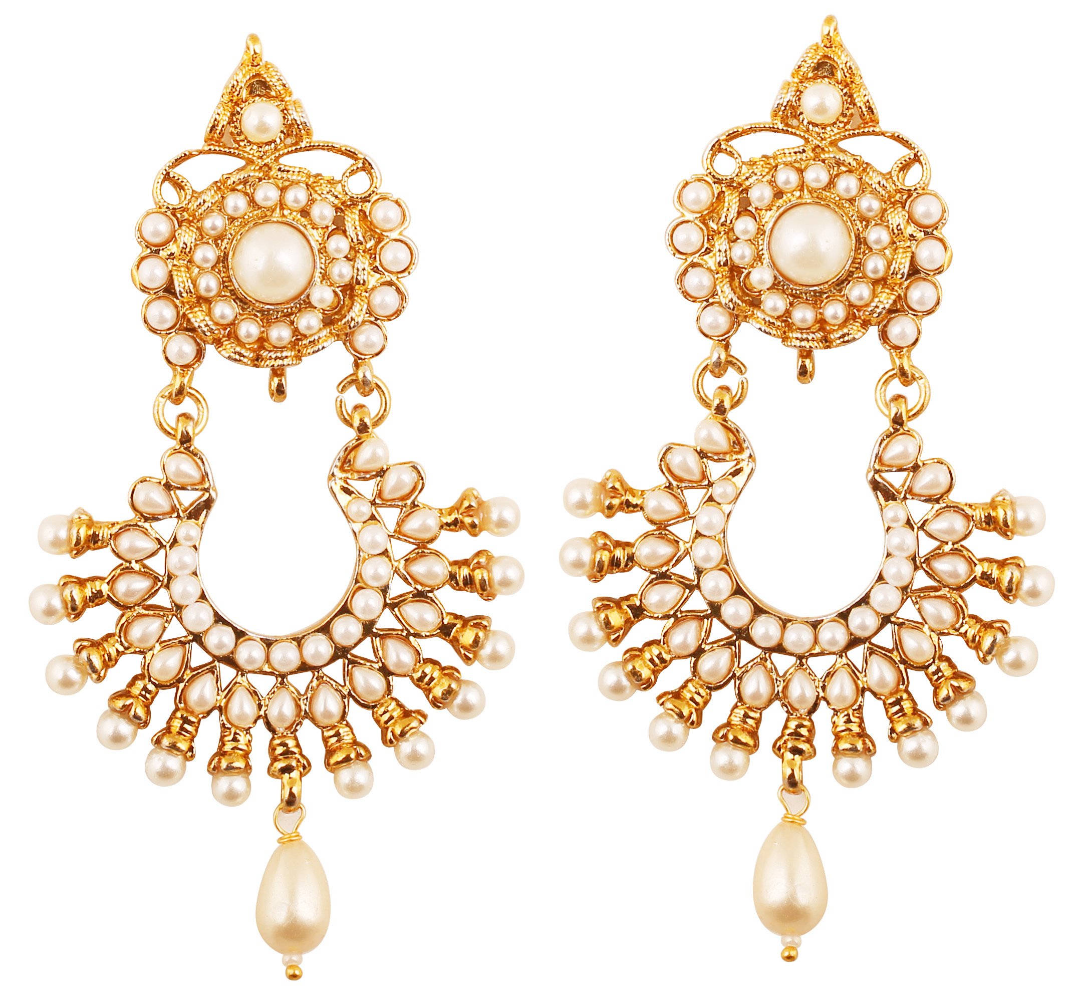 Touchstone Indian Bollywood Rich Studded Jewelry Inspired Wide Long Magical Look Jhumki wedding Earrings Studded With Faux Pearls For Women In Antique Gold Tone.