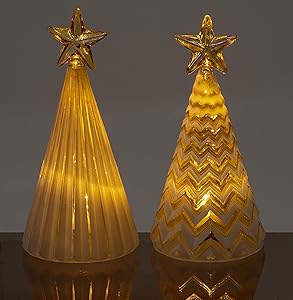 Red Co. Glass Christmas Tree Figurine Ornaments with Gold Star, Light-Up Holiday Season Decor, 5 Inches, Set of 2