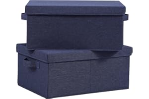 HOONEX Foldable Storage Bins with Lids, Pack of 2, Storage Boxes with 2 Carrying Handles and Heavy Cardboard, 16.5" L x 11.8" W x 7.5" H for Shoes, Clothes, Blue