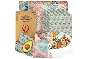 Akeeko Reusable Beeswax Food Wraps - Assorted 9 Packs, Reusable, Plastic-Free Food Storage, 5 Small, 2 Medium, 1 Large Wraps, 1 Extra Large with Tropical Leave Pattern