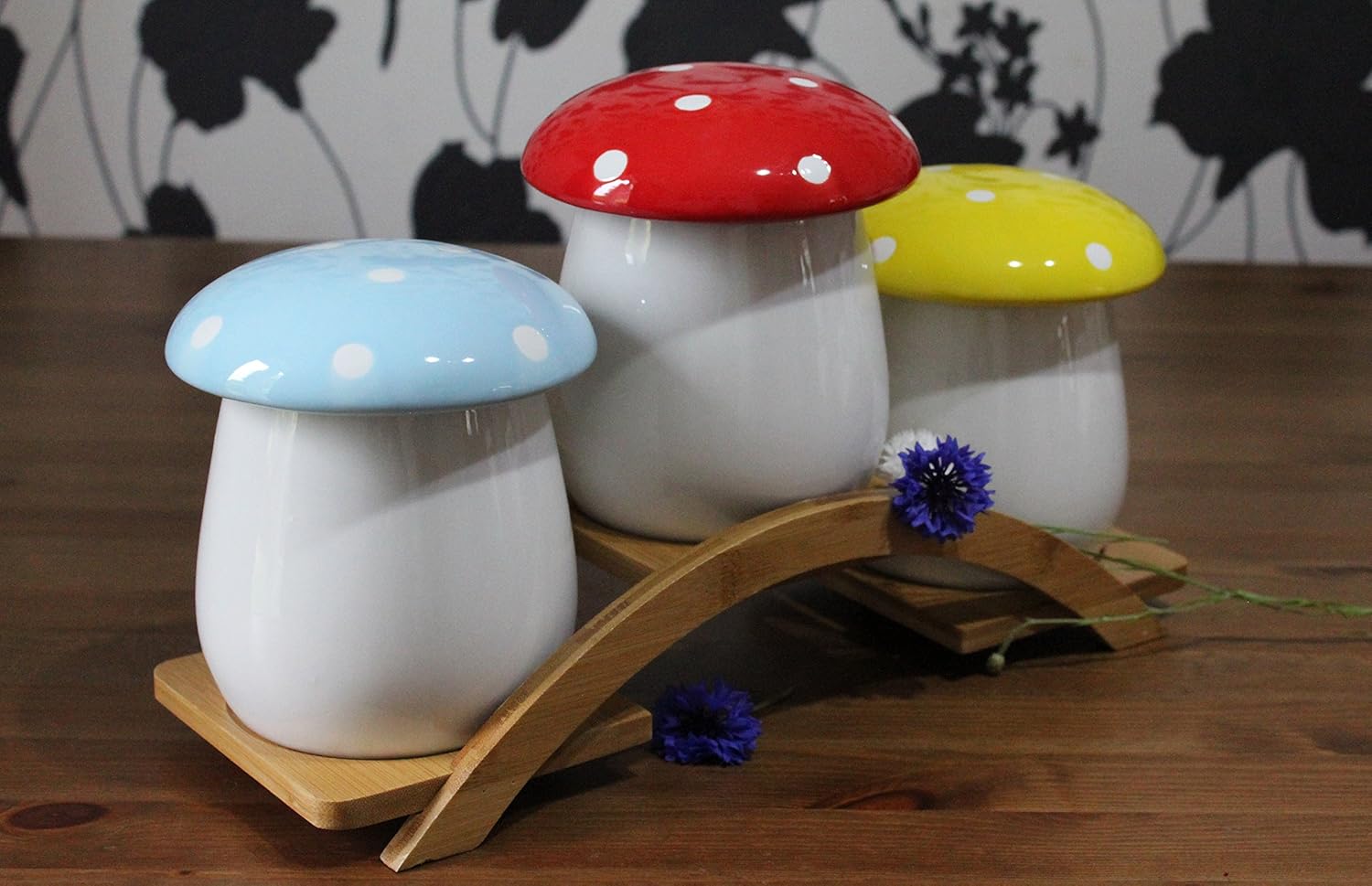 Set Of 3 Kitchen Ceramic Storage Jars Multi Colour Lids With An