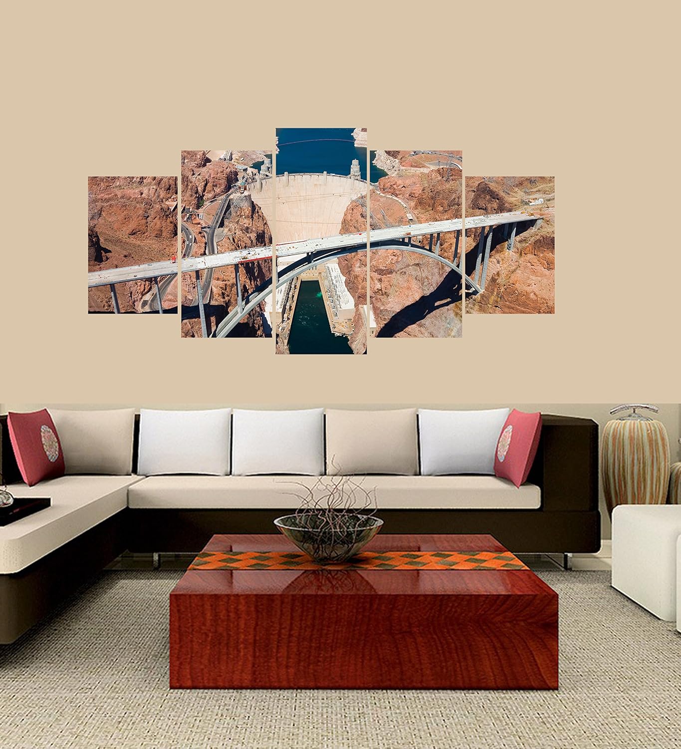 PEACOCK JEWELS [Medium] Premium Quality Canvas Printed Wall Art Poster 5 Pieces / 5 Panel Wall Decor Hoover Dam Bridge Painting, Home Decor Pictures - with Wooden Frame