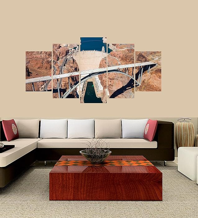 PEACOCK JEWELS [Medium] Premium Quality Canvas Printed Wall Art Poster 5 Pieces / 5 Panel Wall Decor Hoover Dam Bridge Painting, Home Decor Pictures - with Wooden Frame