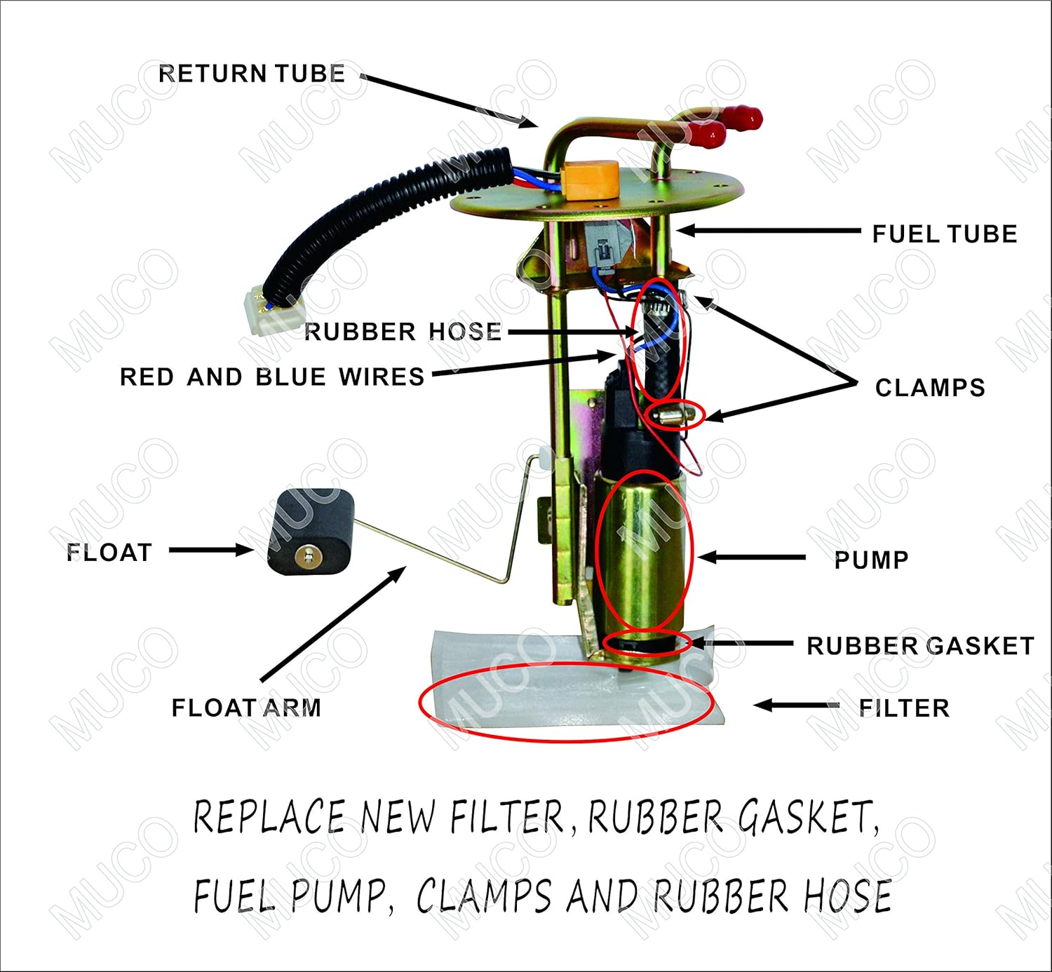 MUCO New 255LPH High Flow Intank Electric Fuel Pump with Strainer/Filter + Rubber Gasket/Hose + Stainless Steel Clamps + Universal Connector Wiring Harness MCP-203A: Automotive
