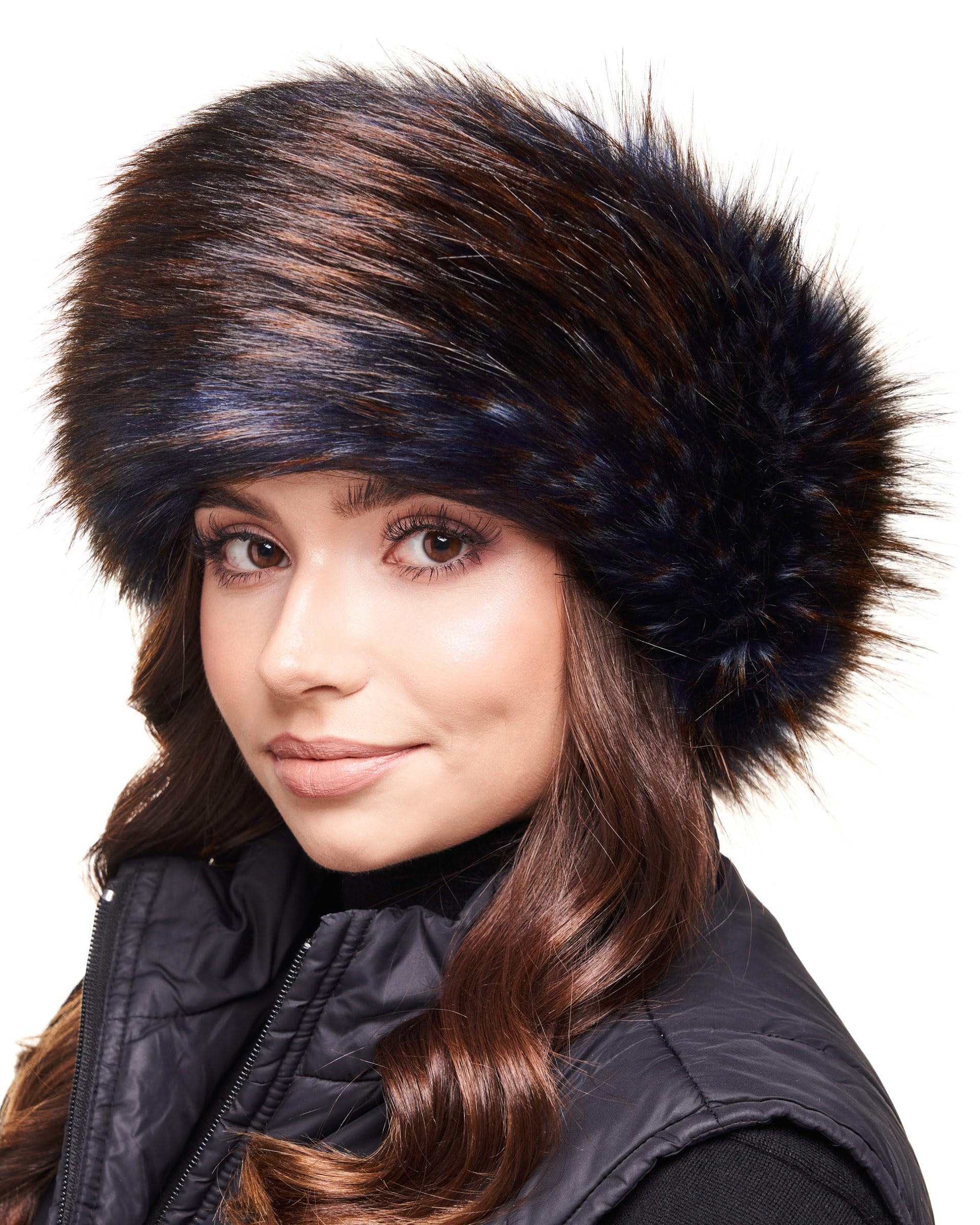 Futrzane Classic Headband - Faux Fur Headbands for Women - Furry Band for Winter - Size XS (Navy Blue with Brown Classic)