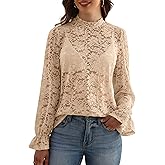 Gleeneat Womens Lace Long Sleeve Tops Dressy Casual Mock Neck Blouses Floral Elegant Sheer Shirts Date Night Outfits