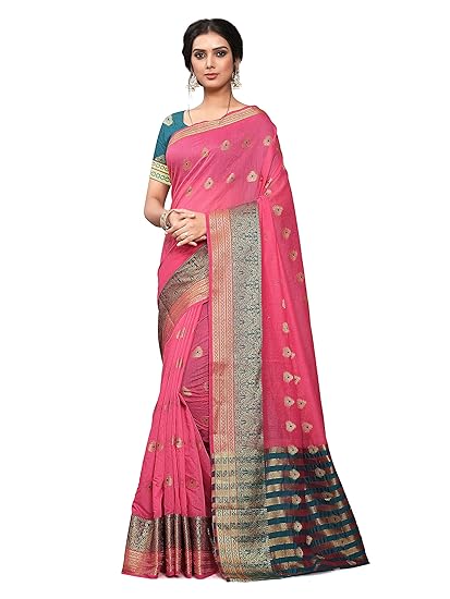 leeza store Womens Maheshwari Cotton Silk Saree with Unstitched Blouse Piece