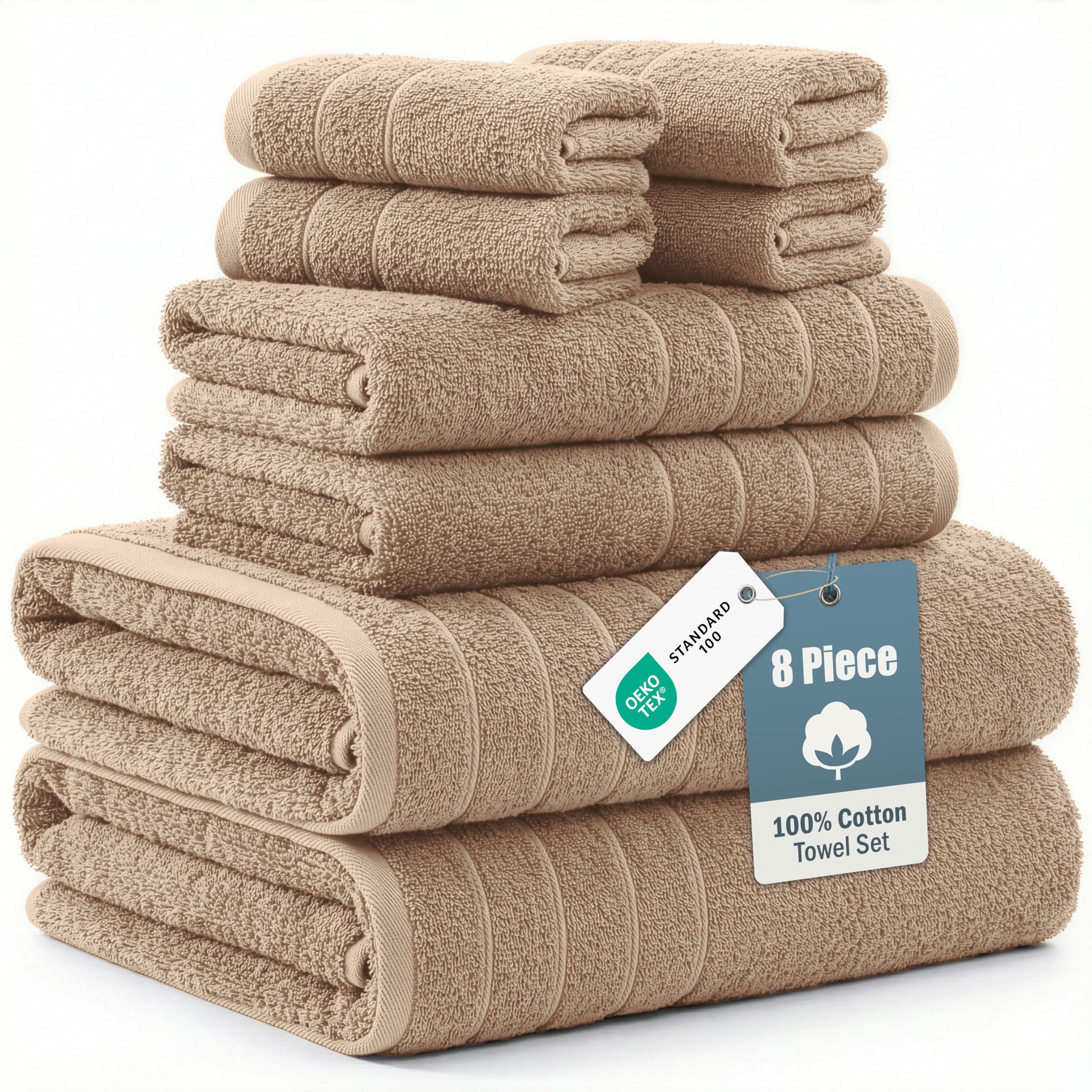 Casa Platino 100% Luxury Cotton Bathroom Towel Set 8 Pcs - Super Soft & Highly Absorbent - 2 Bath, 4 Washcloths, 2 Hand Towels for Bathroom - Oeko TEX Certified, Fade Resistant, Luxury Look - Beige