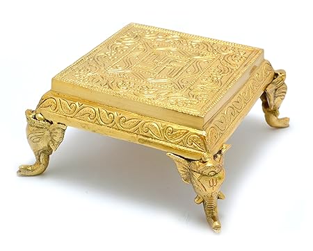 Two Moustaches Brass Elephant Pillar Swastika Pooja Chowki (Antique Yellow)