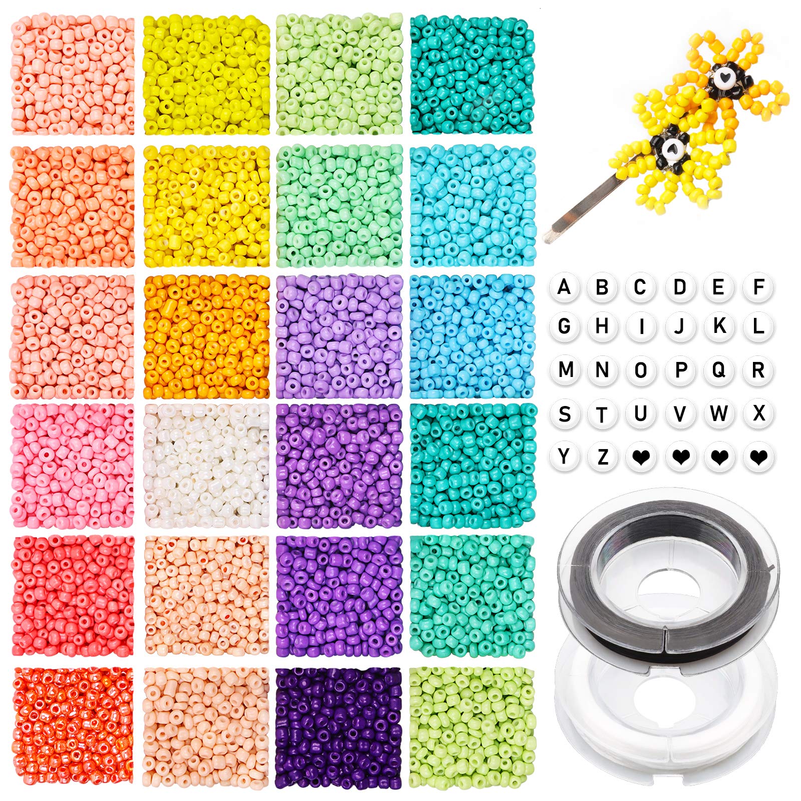 3mm Glass Seed Beads and Letters Beads Bracelet Making Kit, Rainbow Small Bracelet Beads with 2 Roll Elastic Strings for DIY Jewelry Making, Necklaces, Earrings and Decoration