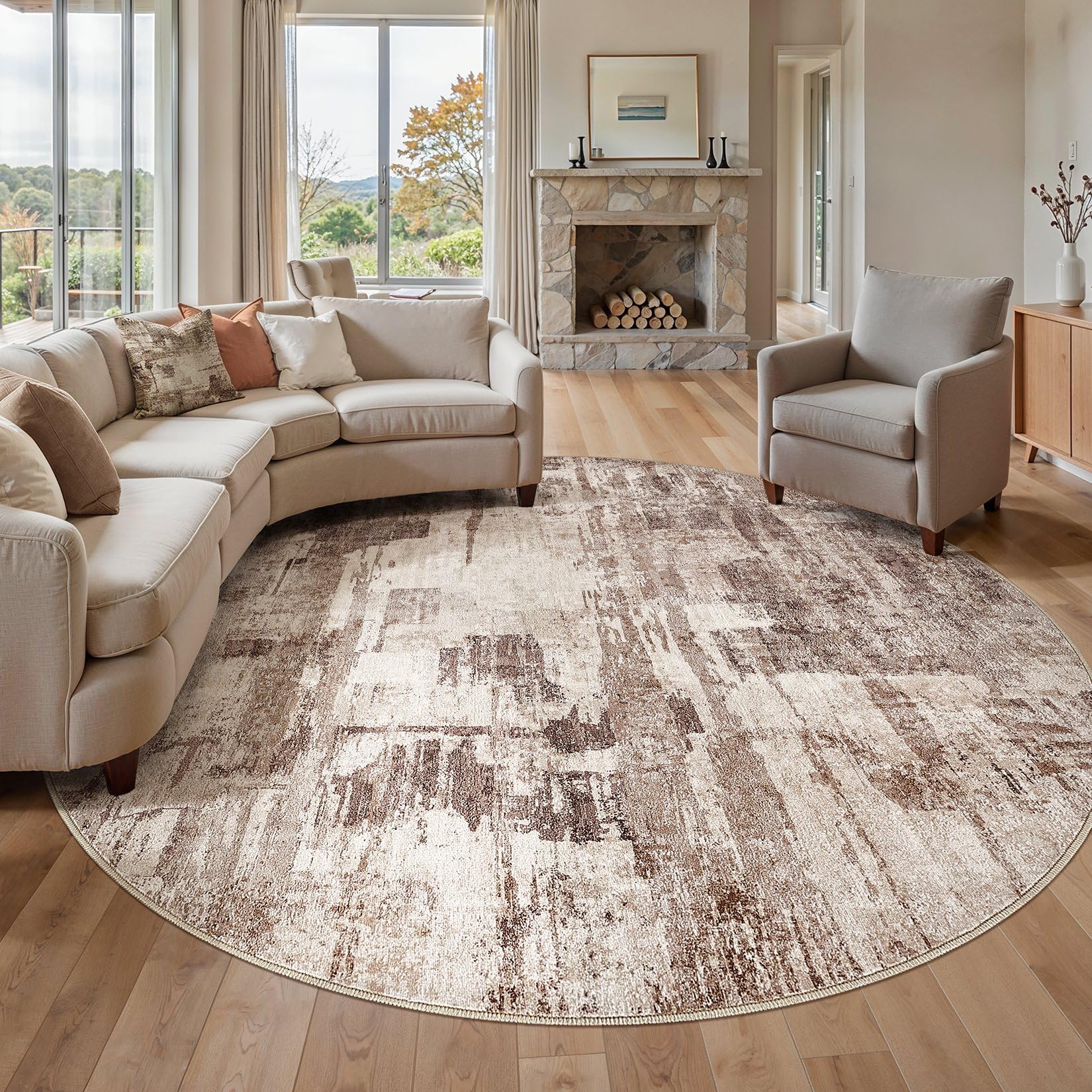 Photo 1 of Abstract Living Room Rug Round 10FT - Modern Washable Soft Thin Area Rug for Living Room Bedroom Under Dining Table - Neutral Indoor Floor Rug Carpets for Home Office Playroom Nursery - Brown