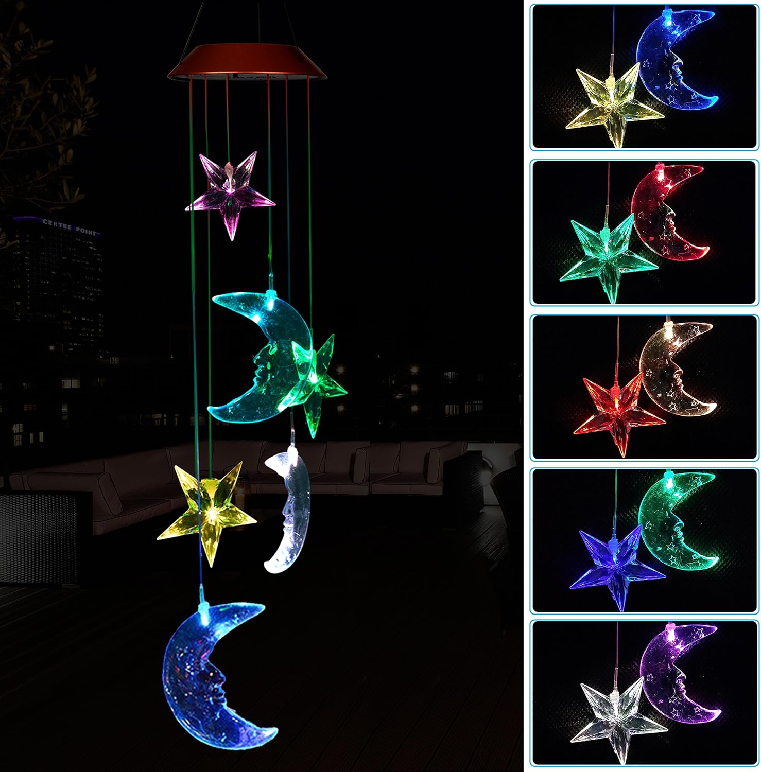 LED Solar Moon and Star Wind Chimes Outdoor - Waterproof Solar Mobile Romantic Changing Color Stars and Moon Wind Chimes Light Decor for Home, Gifts For Mom, Balcony, Festival, Night Garden Decoration : Garden & Outdoor
