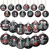 Fourluoo 12 Pcs Christmas Skeleton Ornaments 2 Inch Skull Hanging Decor | Gothic Skull Rose Design, Spooky Goth Xmas Tree Decor, Thriller Party Yard, Horror Theme Hanging, Shatterproof Ornament
