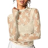 KTILG Womens Mesh Long Sleeve Top Sheer Blouse Sexy See Through Tee Shirt Lace Tops S-XXL