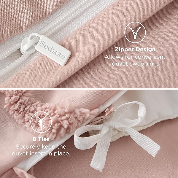 BEDSURE BOHO DUVET COVER QUEEN SIZE – ROSE PINK TUFTED BOHO BEDDING, FARMHOUSE SHABBY CHIC EMBROIDERY BEDDING FOR ALL SEASONS, 3 PIECES, 1 SOFT JACQUARD QUEEN COMFORTER COVER AND 2 PILLOW SHAMS